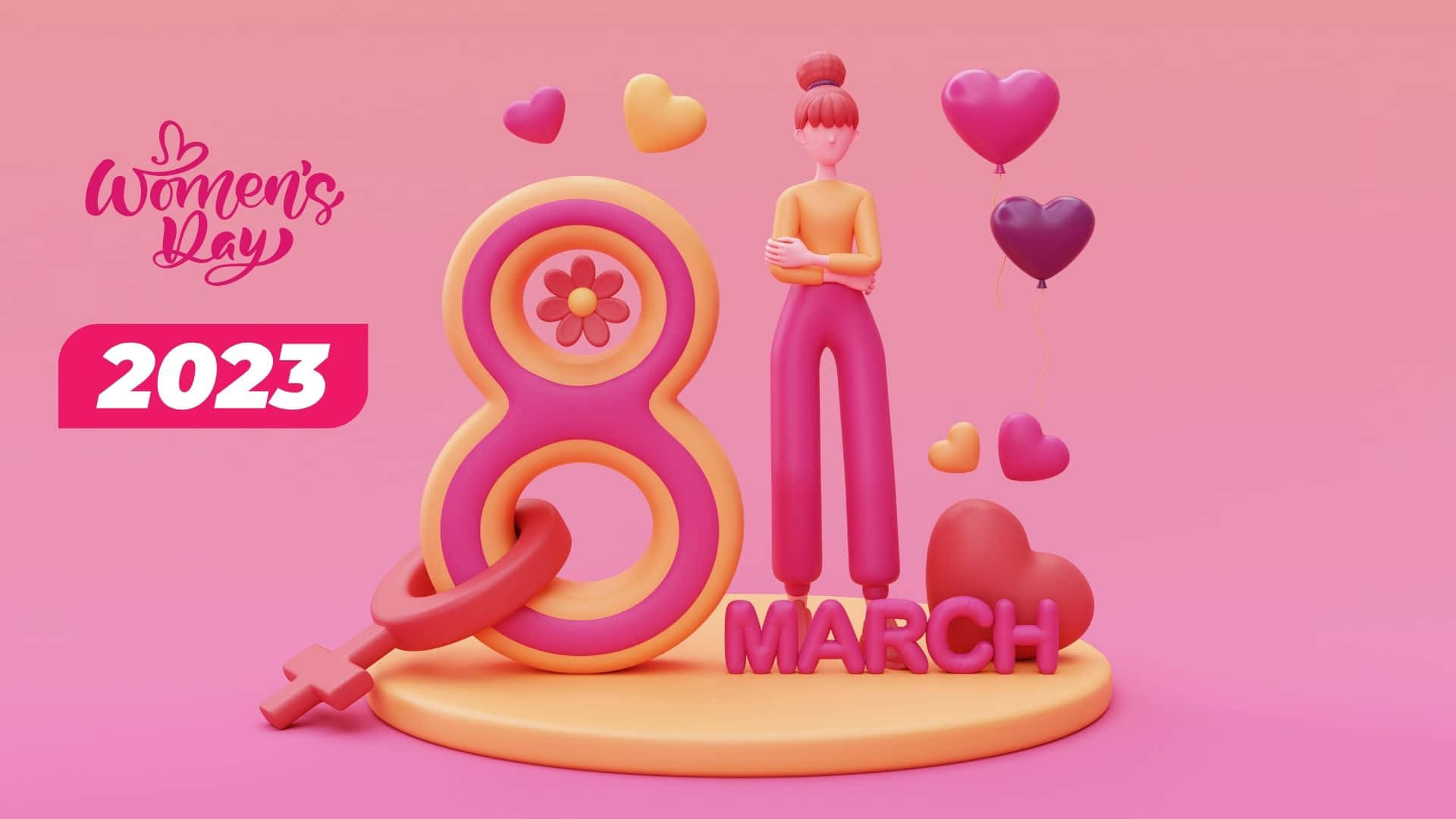 International Women's Day 2023, pink and yellow number 8, hearts, Full HD Desktop Wallpaper