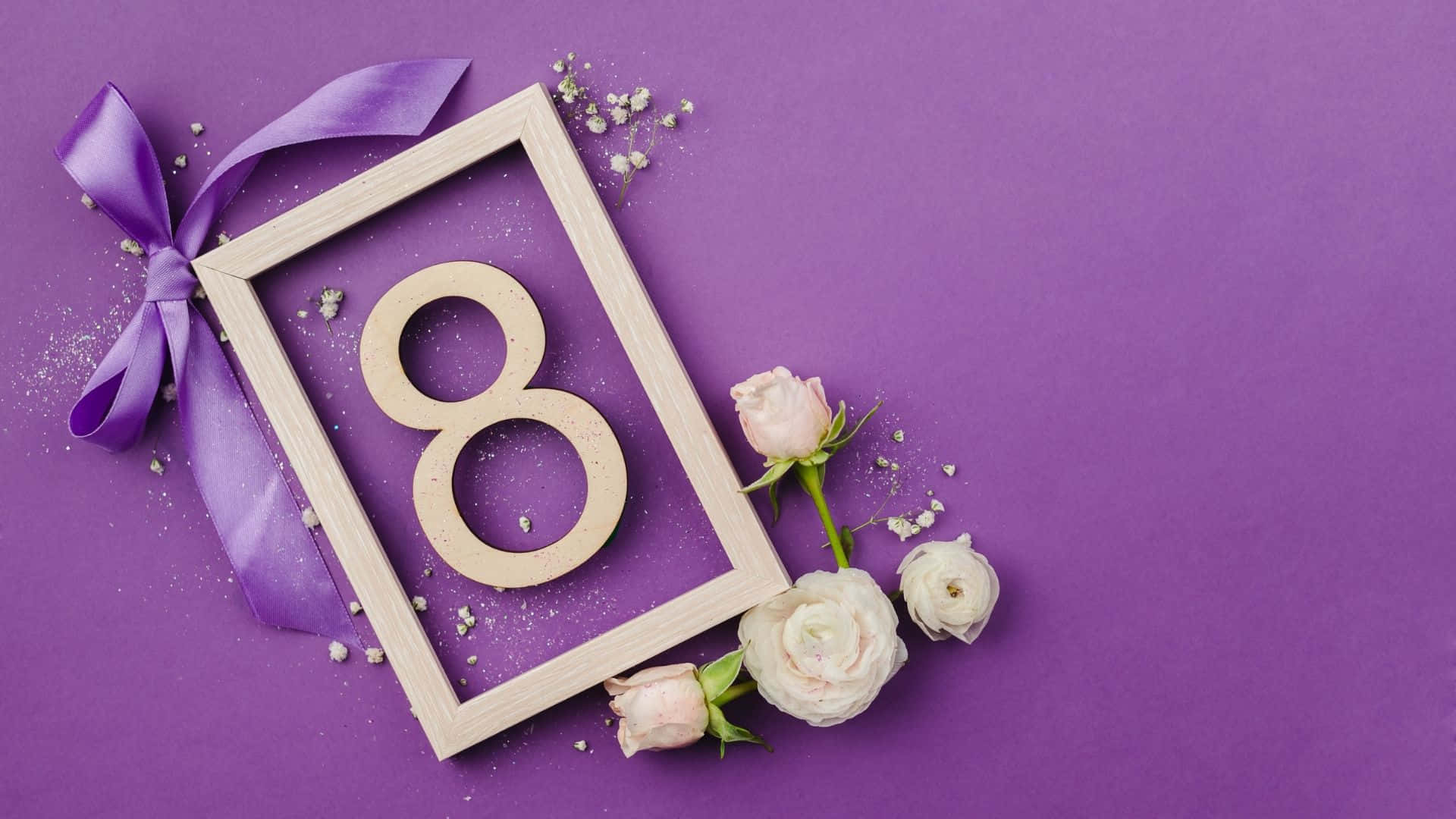 International Women's Day 2023, wooden number eight, purple bow, Full HD Desktop Wallpaper