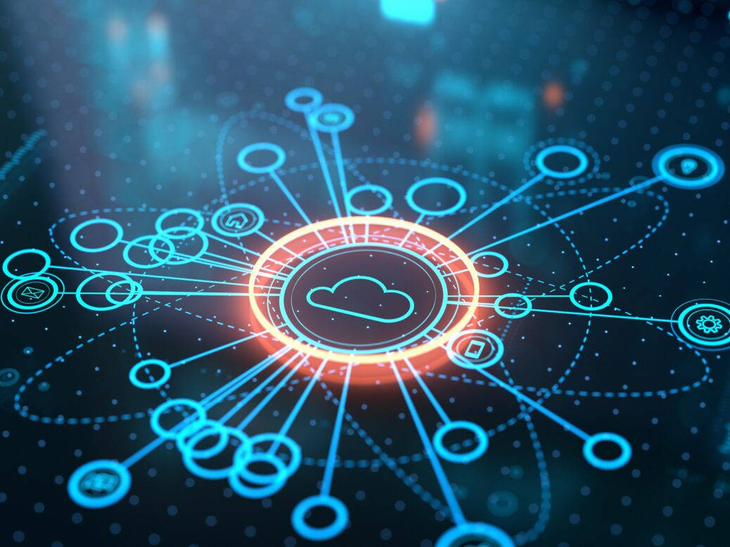 cloud storage network, glowing orange cloud icon, blue digital connections, SD Desktop Wallpaper