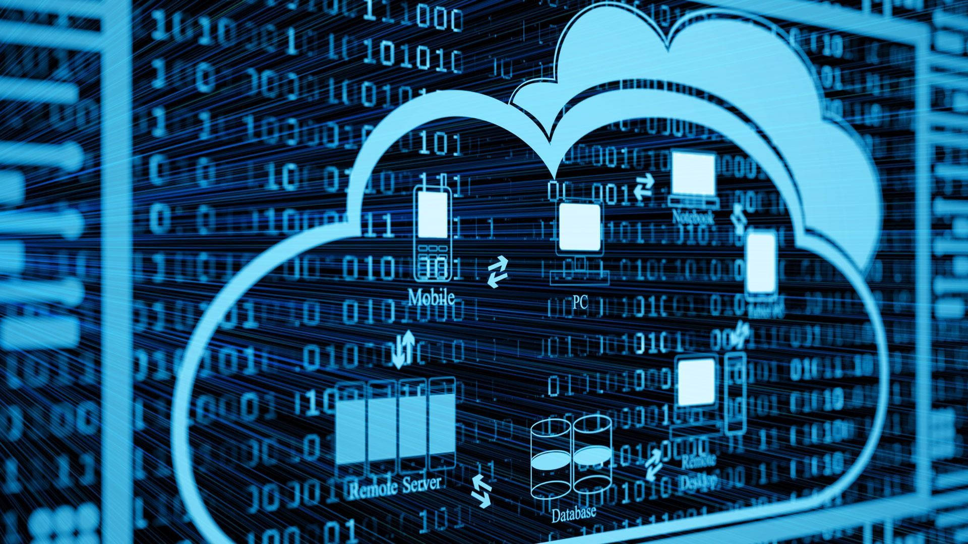 glowing blue cloud icon, digital matrix of binary code, connected devices, Full HD Desktop Wallpaper