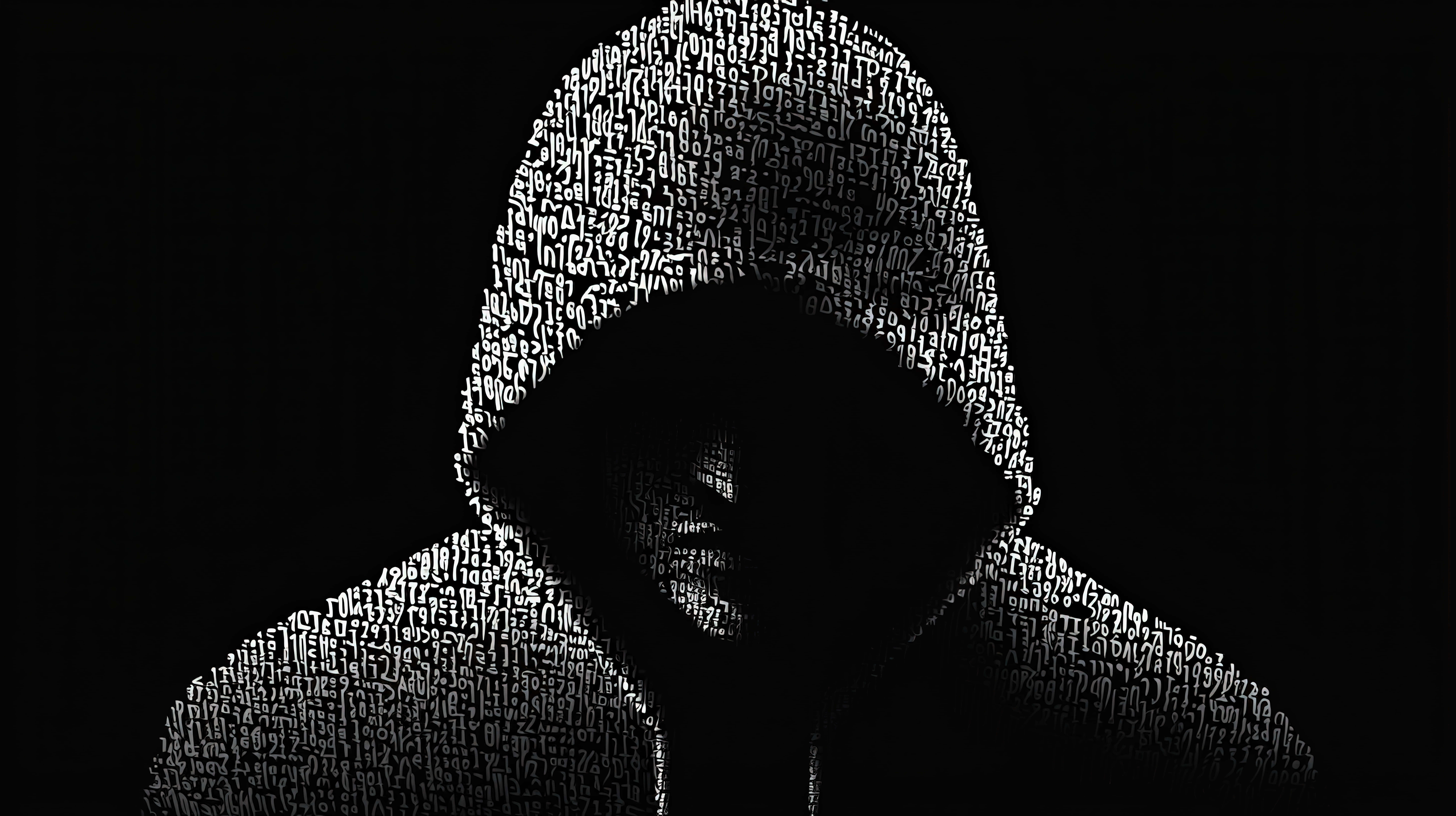 binary code, hooded figure, black background, 8K Desktop Wallpaper