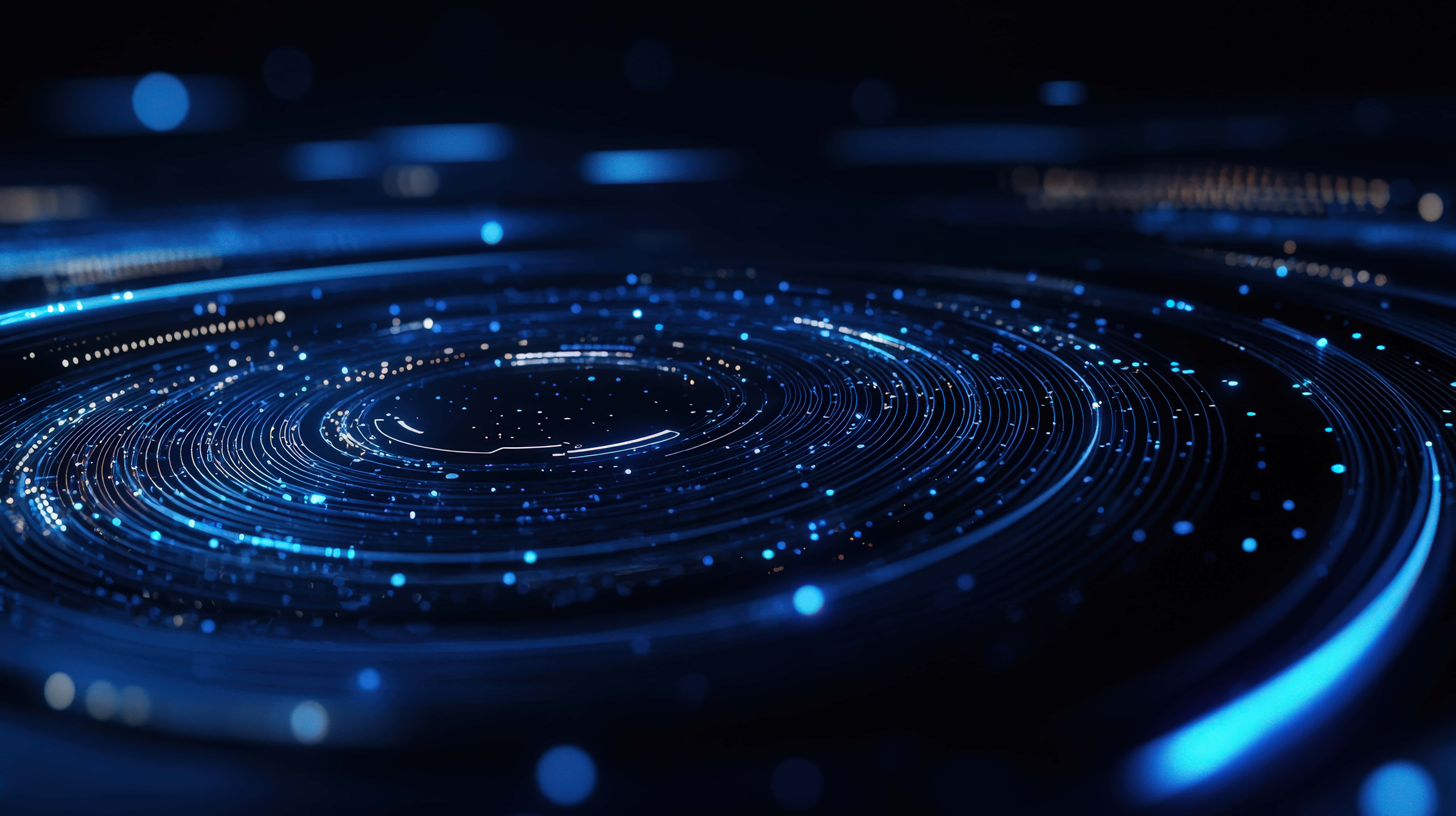 futuristic digital data spiral, glowing blue lights, concentric glowing blue digital rings, 8K Desktop Wallpaper