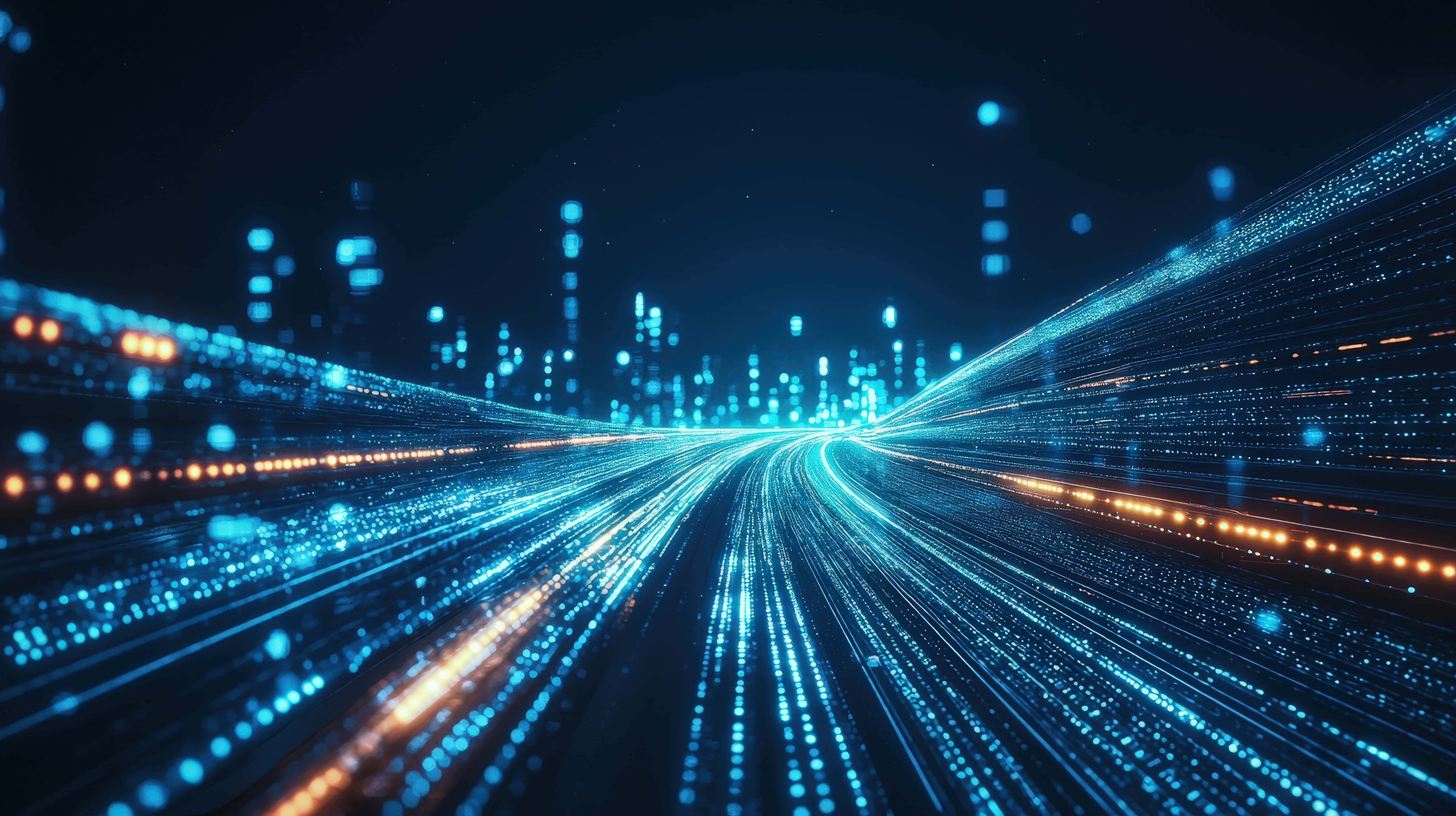 glowing blue light trails, glowing orange data streams, futuristic digital highway, 8K Desktop Wallpaper