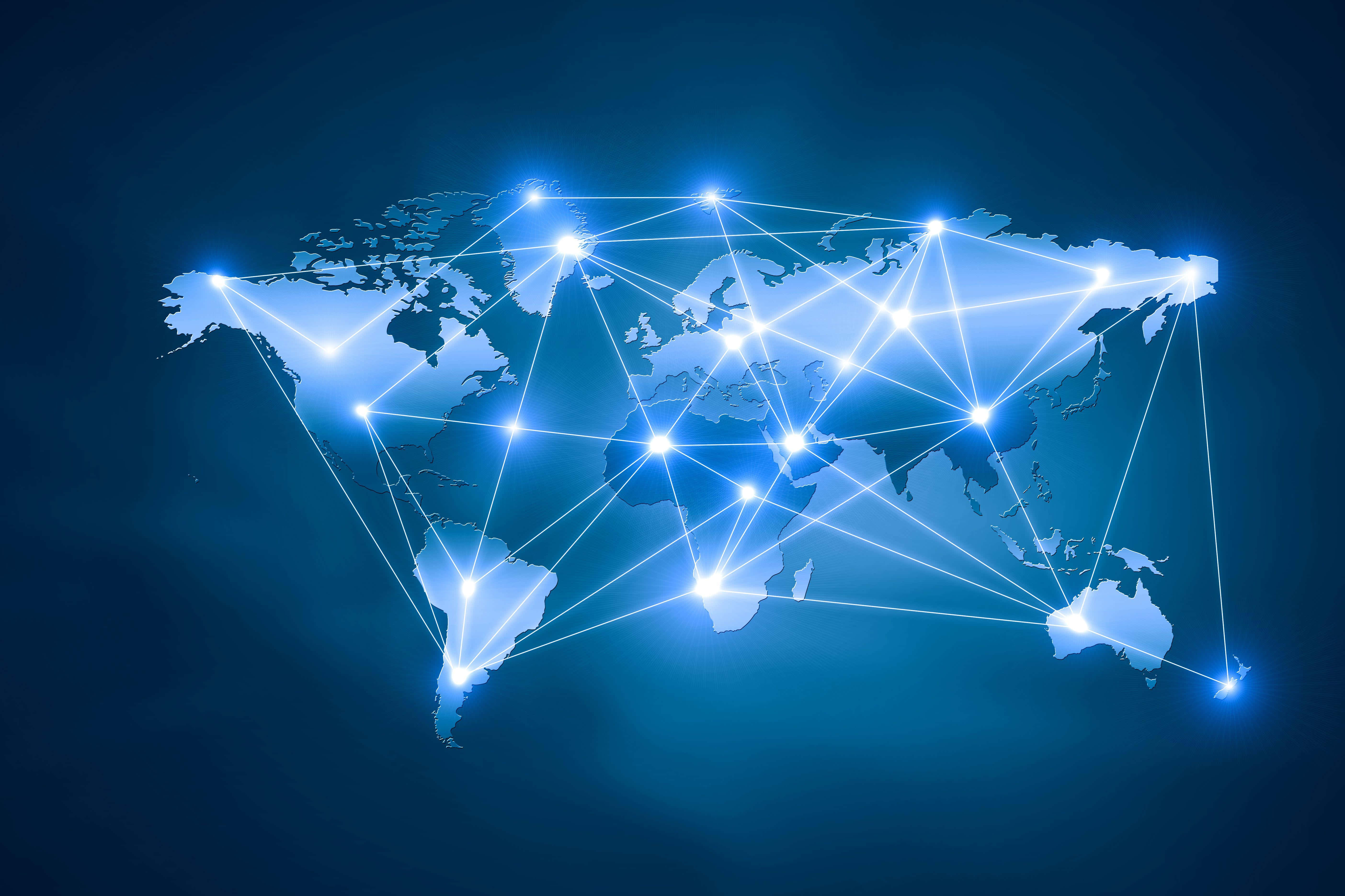 glowing blue world map, bright nodes, connecting lines, 5K Desktop Wallpaper