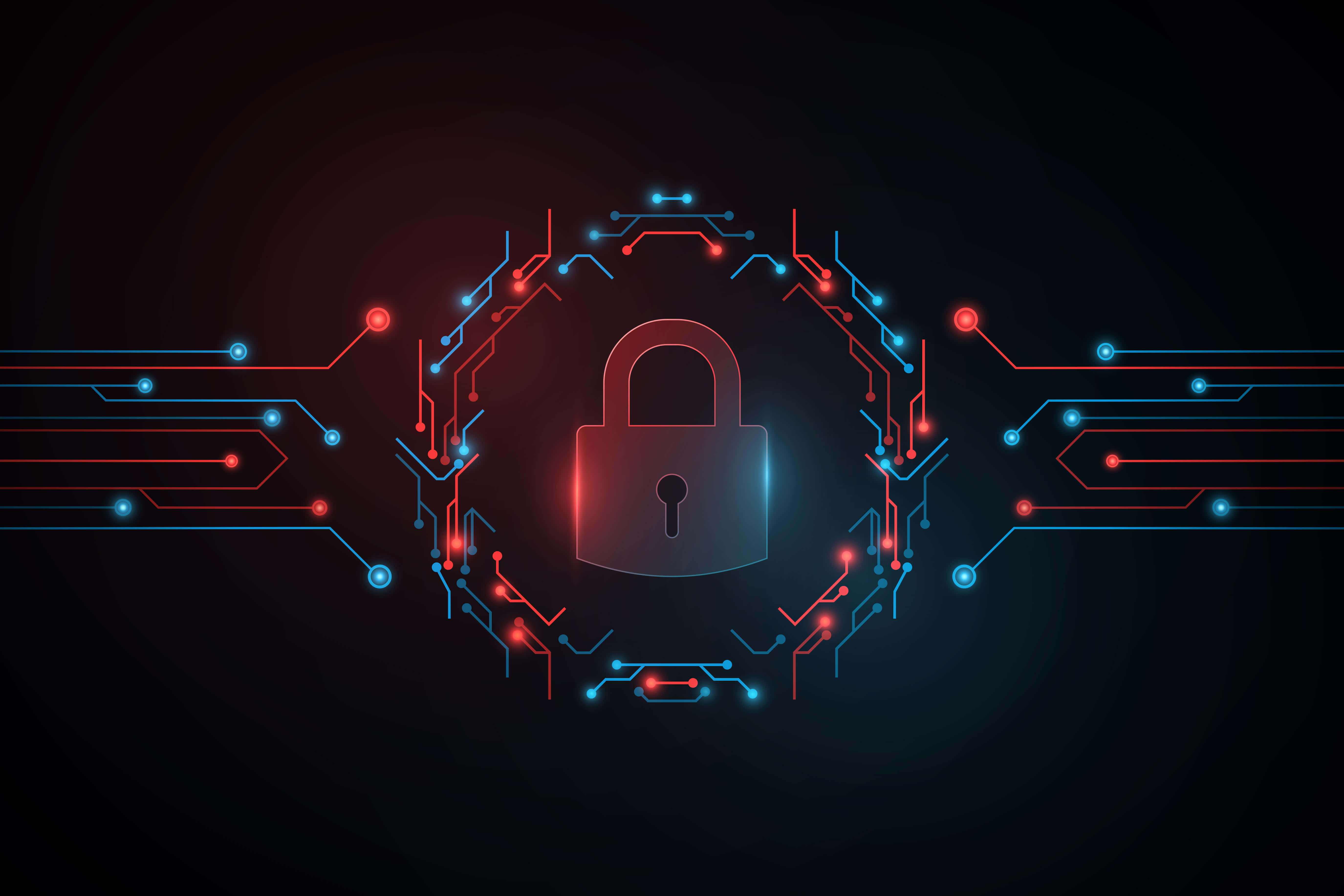 cybersecurity lock, neon red and blue circuitry, glowing digital padlock, 5K Desktop Wallpaper