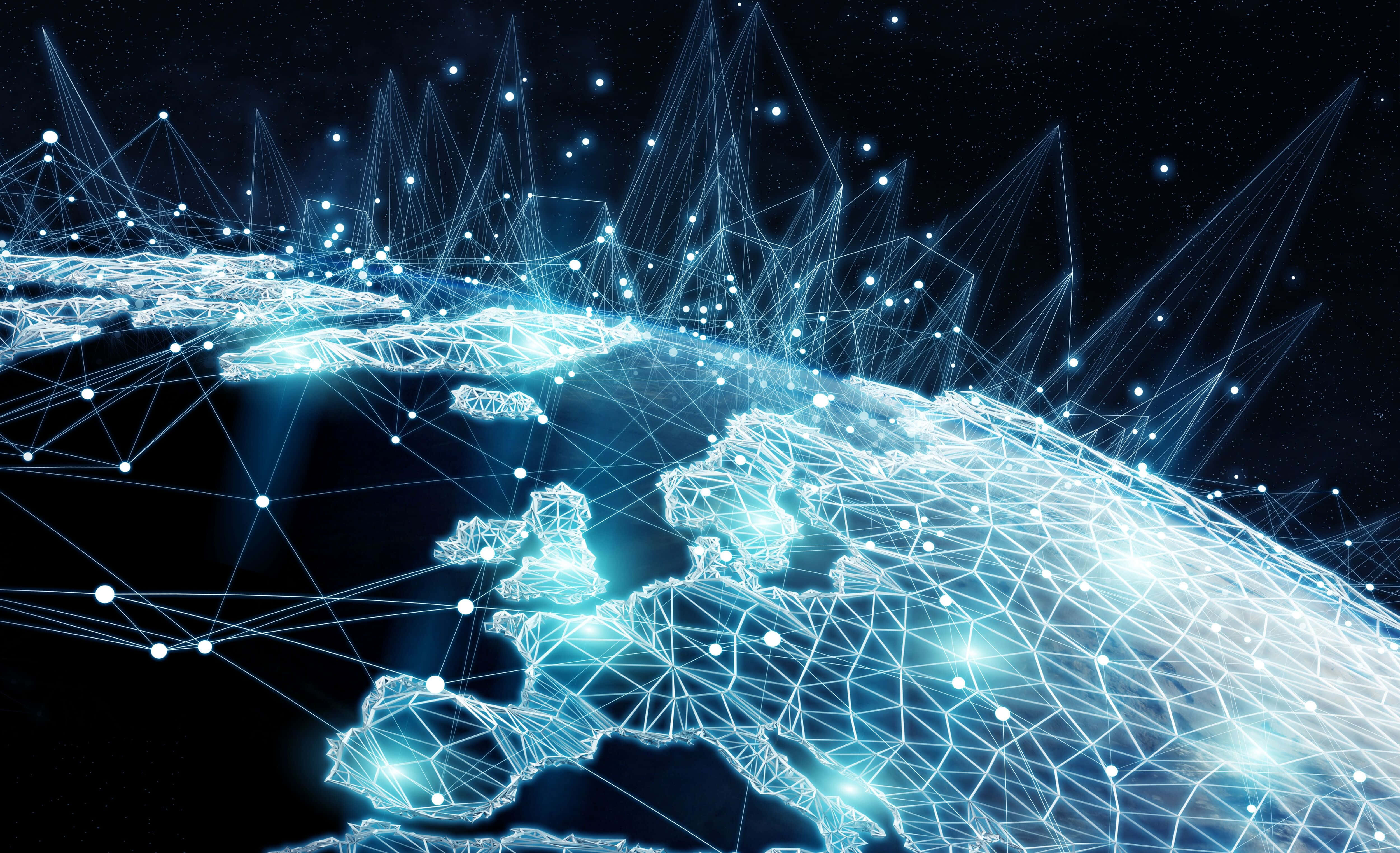glowing blue digital globe, interconnected nodes and lines, starry night sky, 4K Desktop Wallpaper