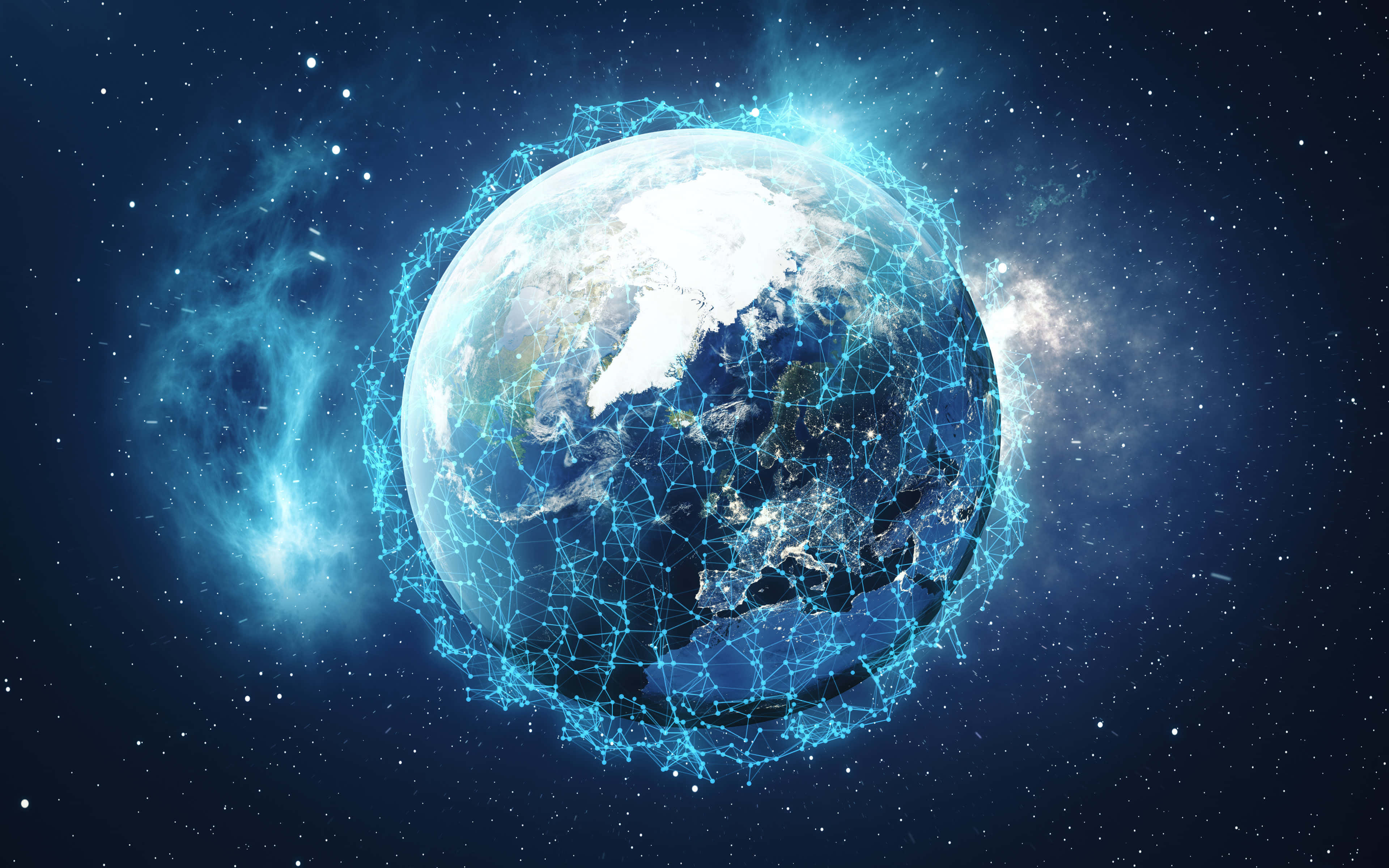 glowing blue digital network, Earth, starry cosmic backdrop, 4K Desktop Wallpaper