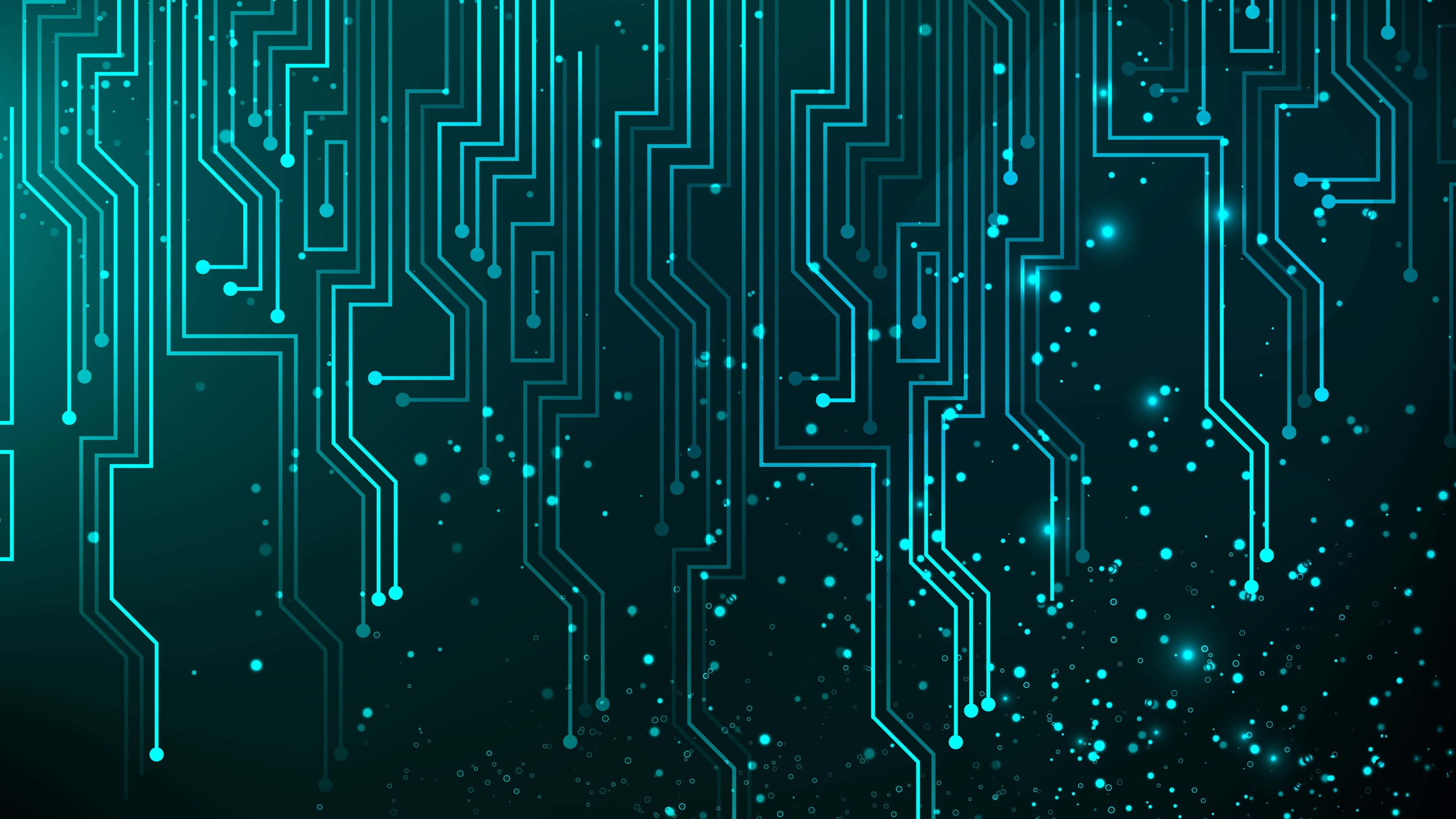 glowing teal circuit lines, pulsing dots, dark background, 4K Desktop Wallpaper
