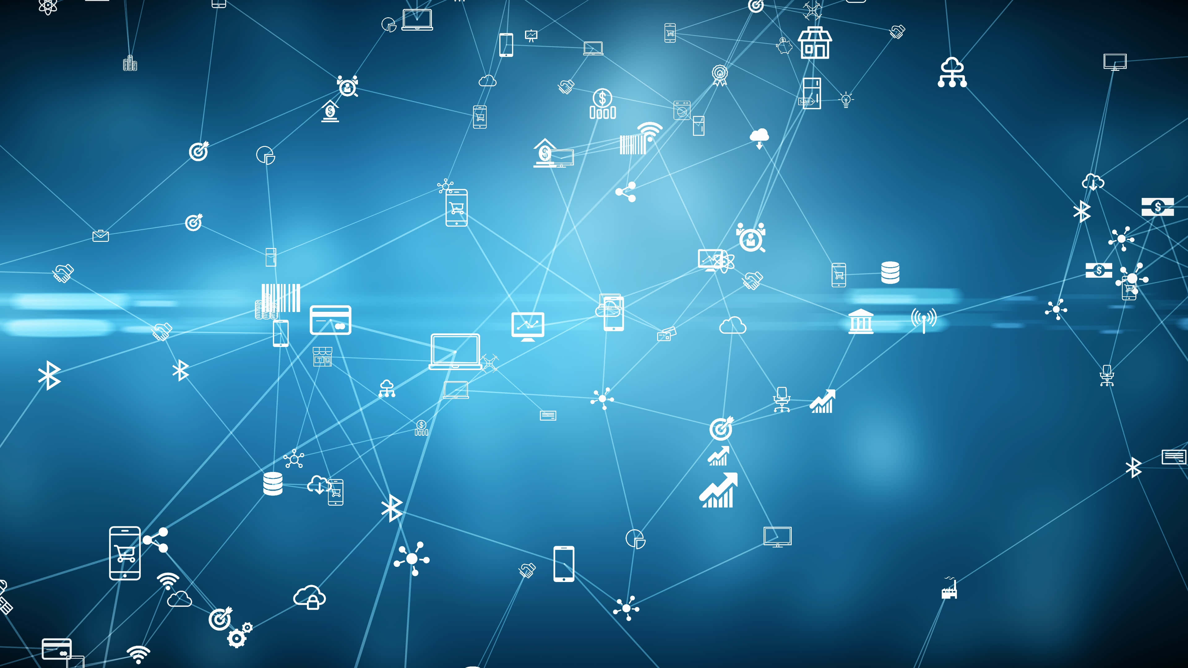 glowing blue digital network, white tech icons, smartphones, 4K Desktop Wallpaper