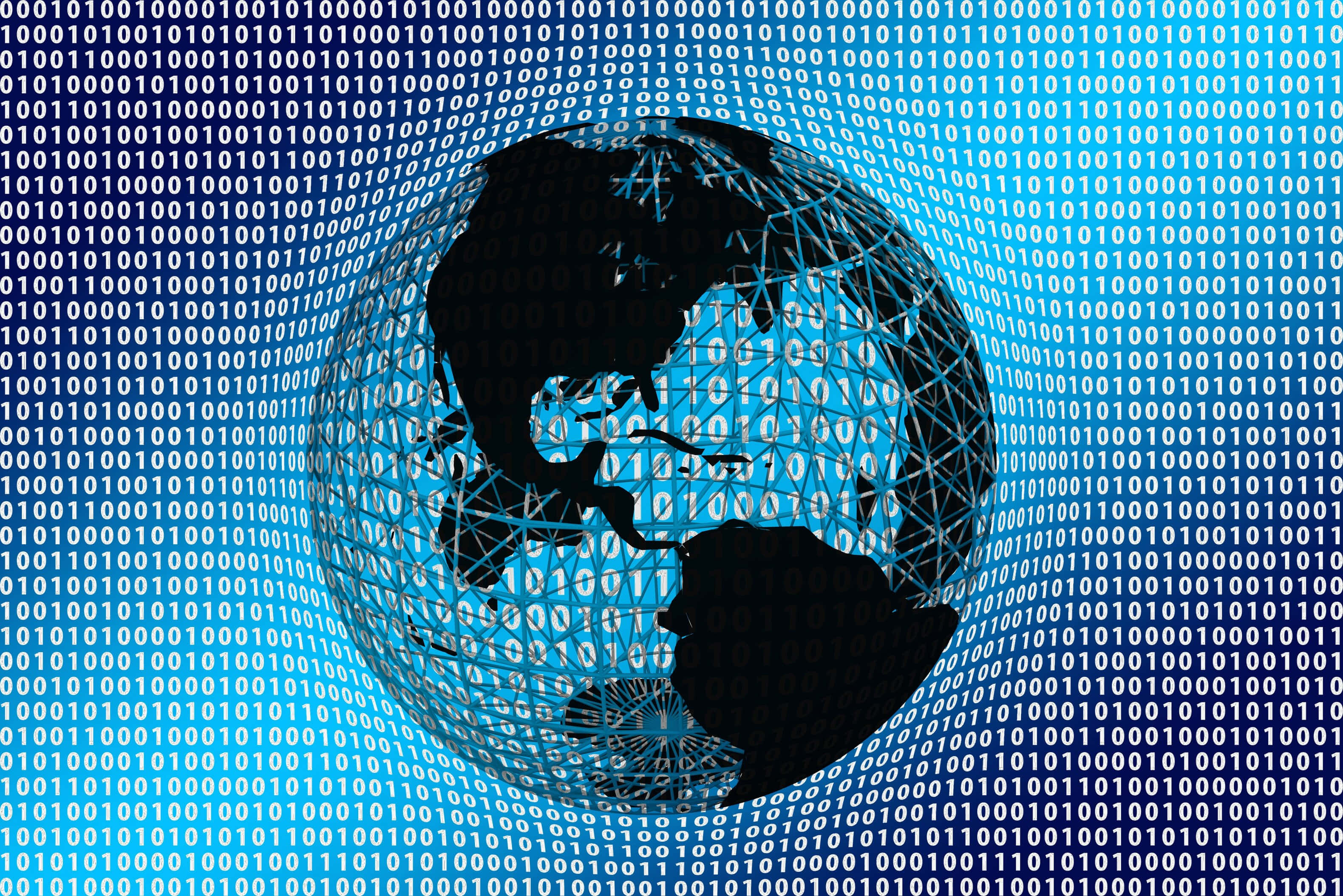 digital globe, glowing blue binary code, vibrant blue gradient background, 2K Desktop Wallpaper