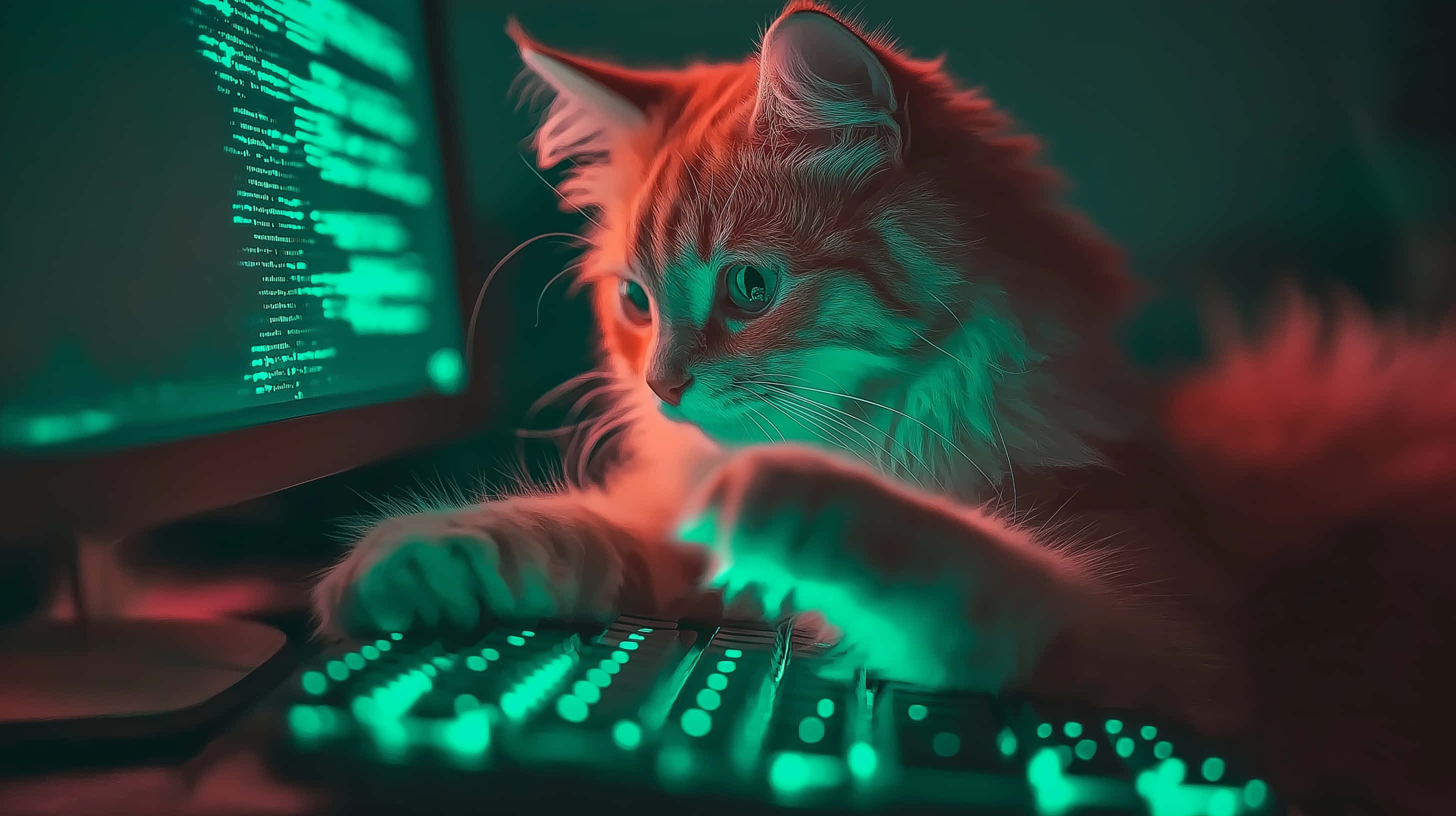 orange tabby cat, glowing green keyboard, monitor displaying scrolling code, 2K Desktop Wallpaper