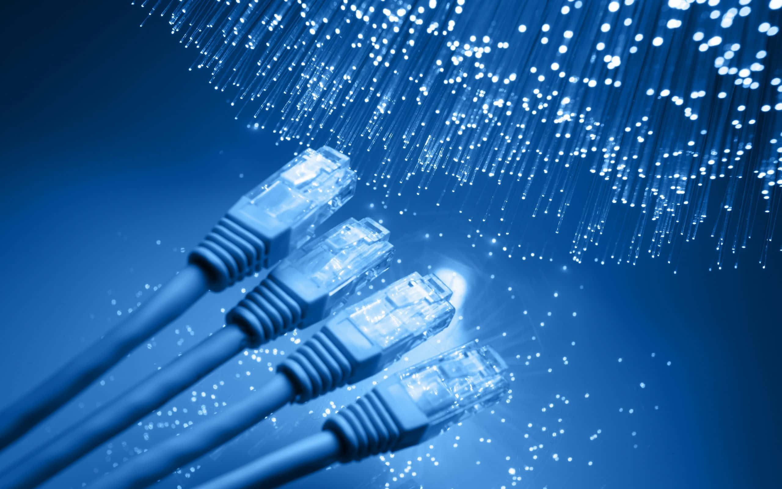 fiber optic network, glowing blue ethernet cables, deep blue gradient background, 2K Desktop Wallpaper