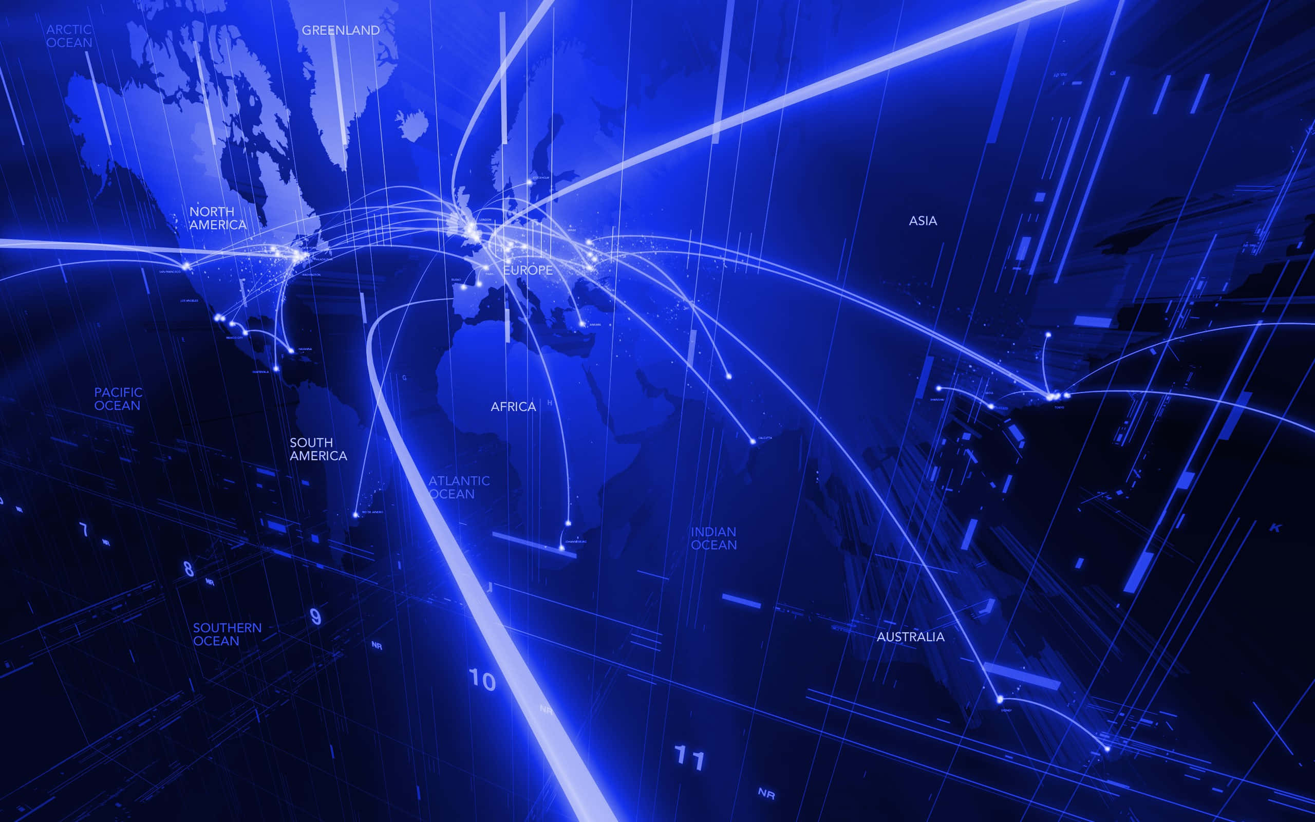 glowing blue digital network map, global data connections, continents, 2K Desktop Wallpaper