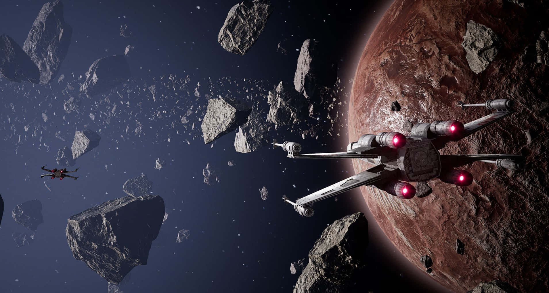 Interstellar Travel, starfighter, glowing red engines, HD Desktop Wallpaper