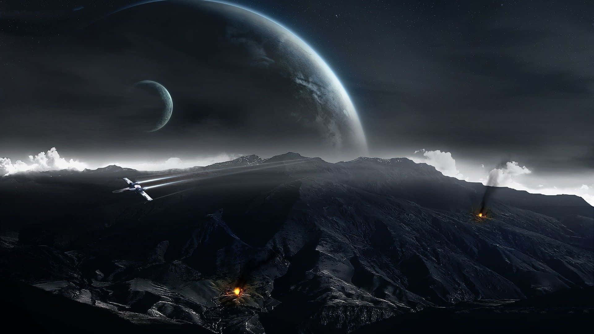 Interstellar Travel, spacecraft, rugged alien mountain range, Full HD Desktop Wallpaper