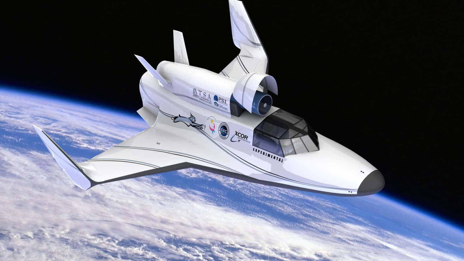 Interstellar Travel, sleek white experimental spacecraft, Earth's curved blue and white atmosphere, HD Desktop Wallpaper