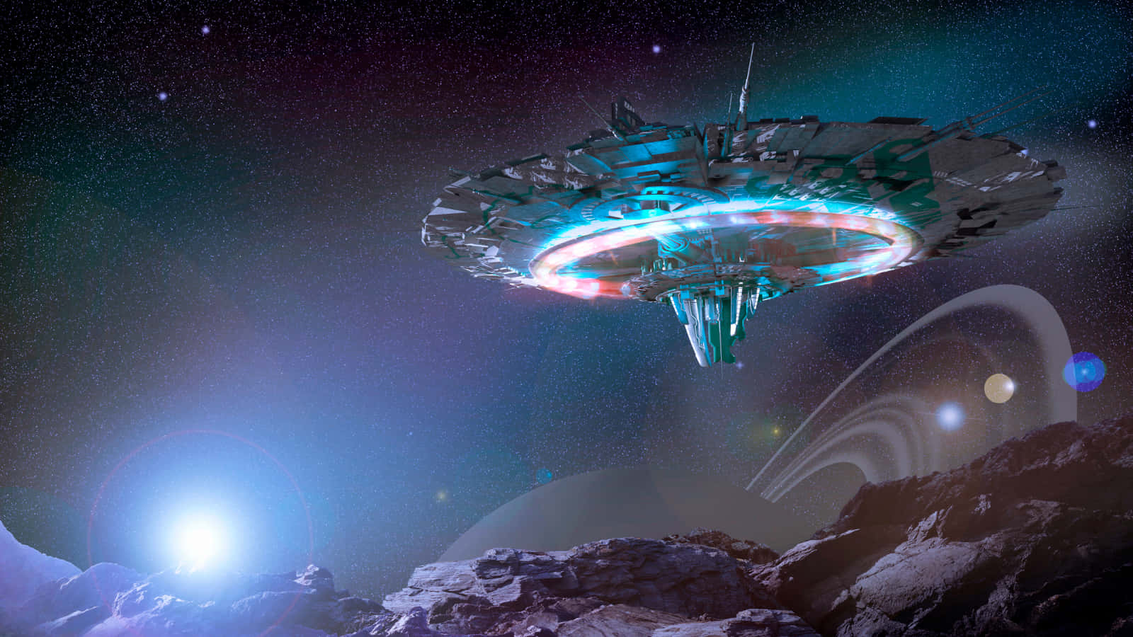Interstellar Travel, futuristic spaceship, rocky alien planet, HD Desktop Wallpaper