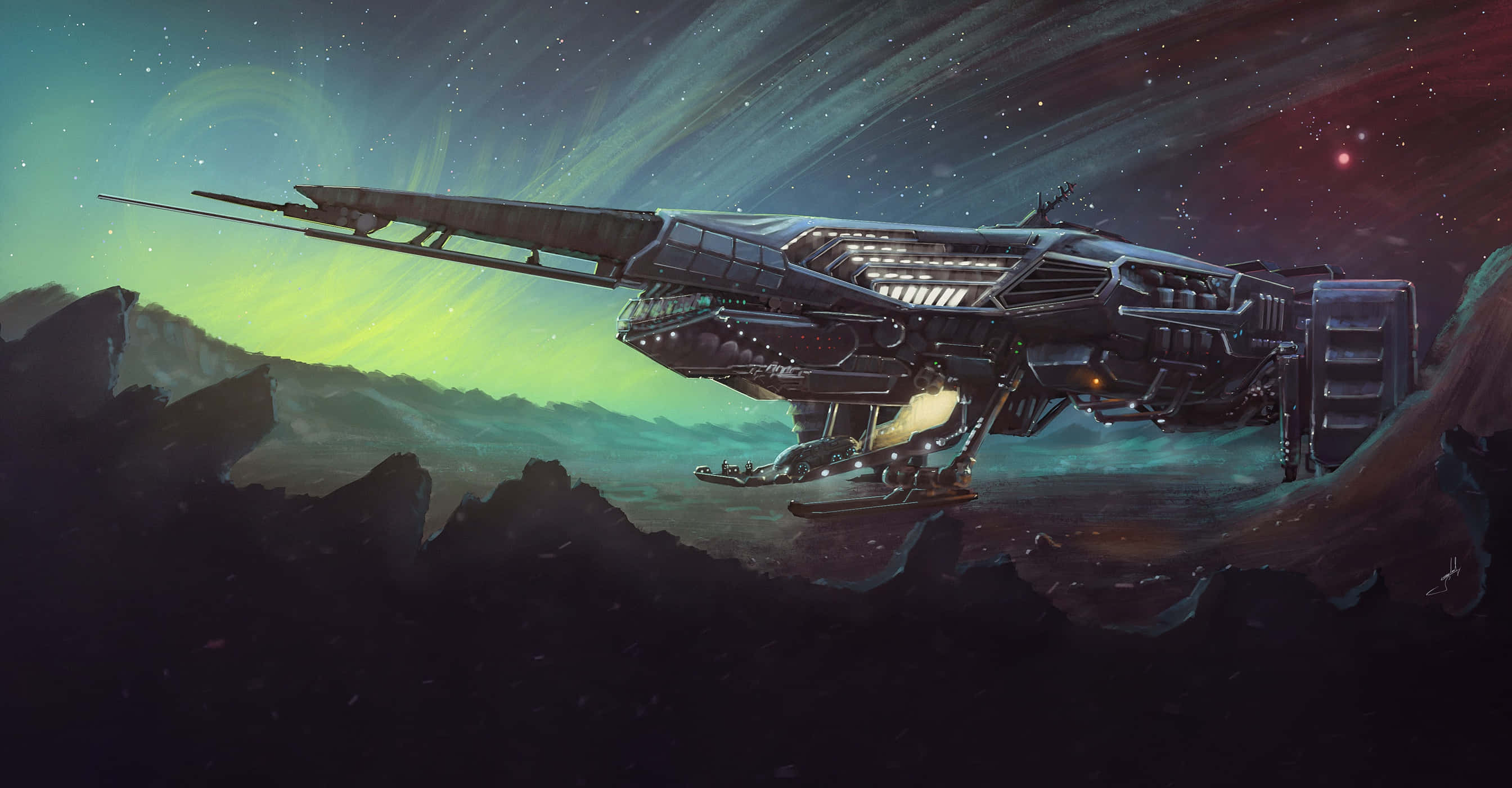 spaceship, rocky alien planet, vibrant green and purple aurora sky, 2K Desktop Wallpaper