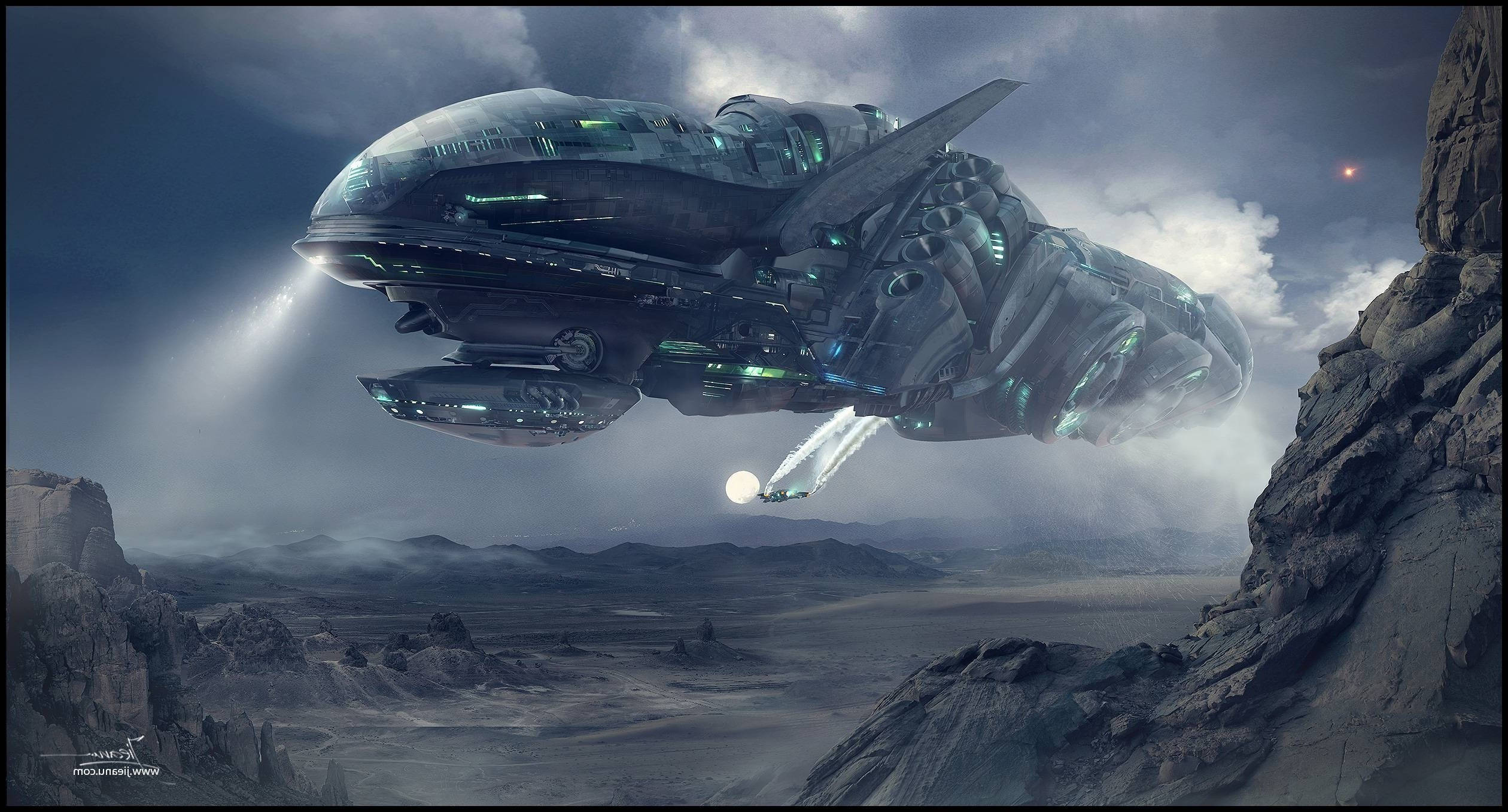 futuristic spaceship, desolate rocky canyon, stormy twilight sky, Full HD Desktop Wallpaper