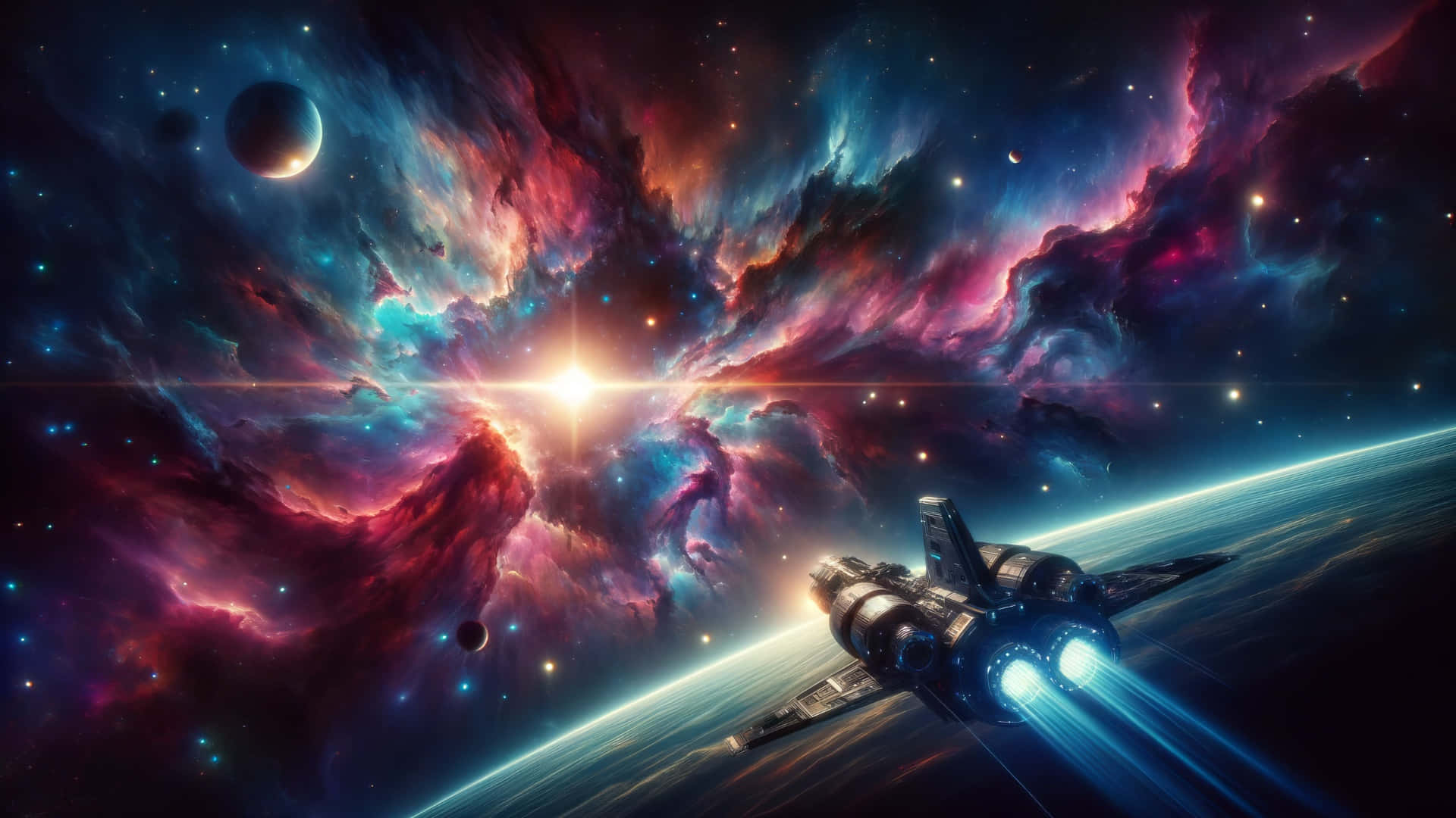 futuristic spaceship, glowing blue engines, planet, Full HD Desktop Wallpaper