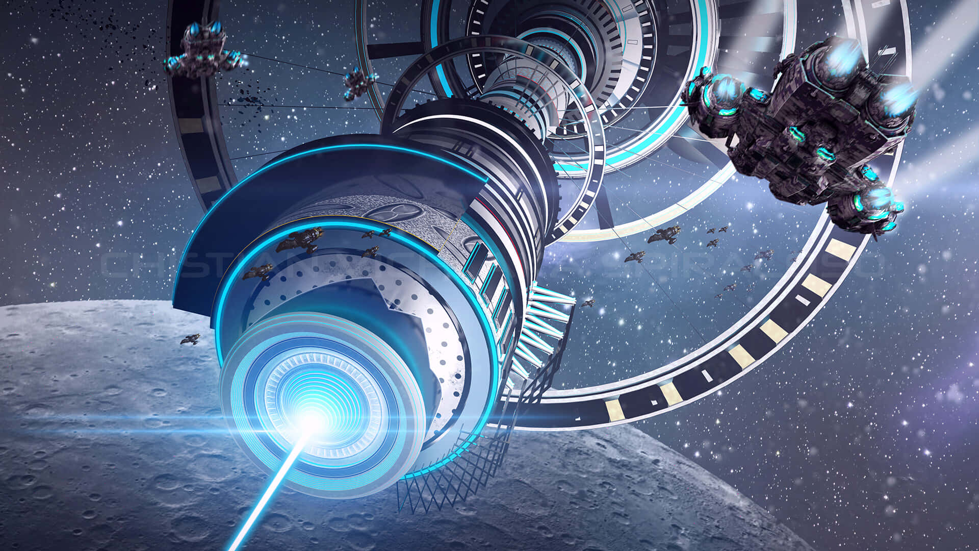 futuristic space station, glowing blue rings, cratered moon, Full HD Desktop Wallpaper