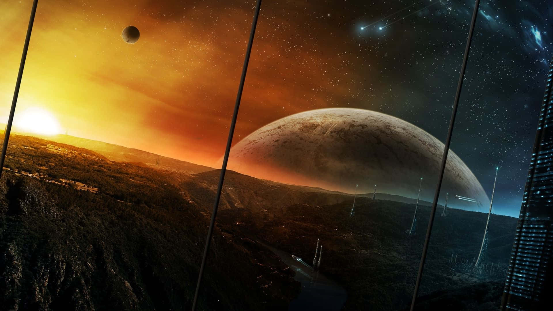 futuristic observatory window, alien sunset, rugged planet, Full HD Desktop Wallpaper