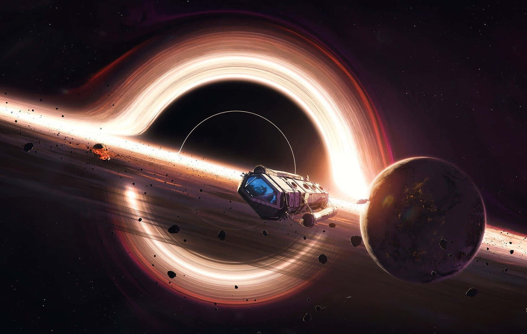 interstellar travel, black hole, glowing accretion disk, HD Desktop Wallpaper