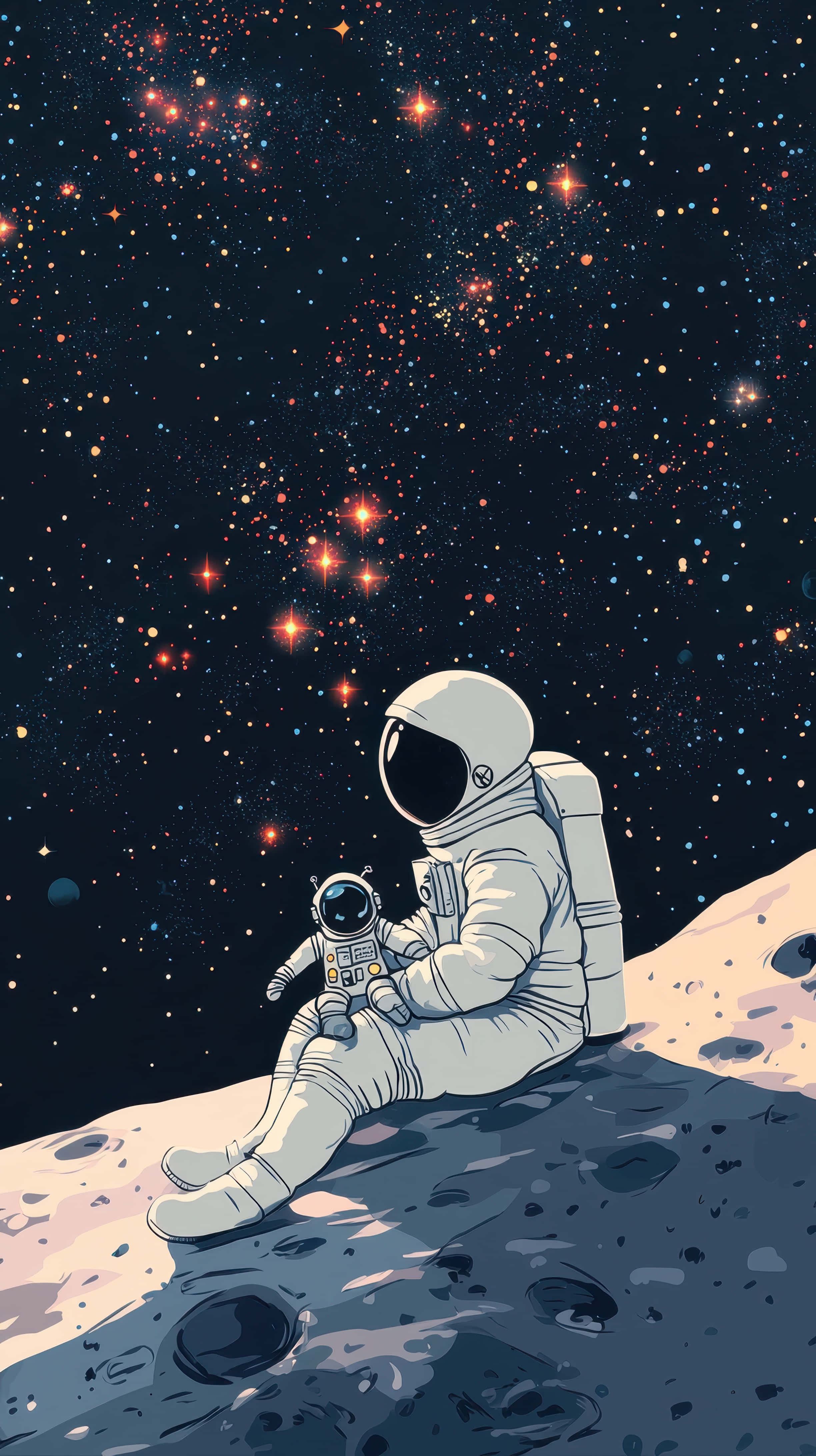 astronaut, rocky cosmic moon surface, starry night sky, 4K Phone Wallpaper