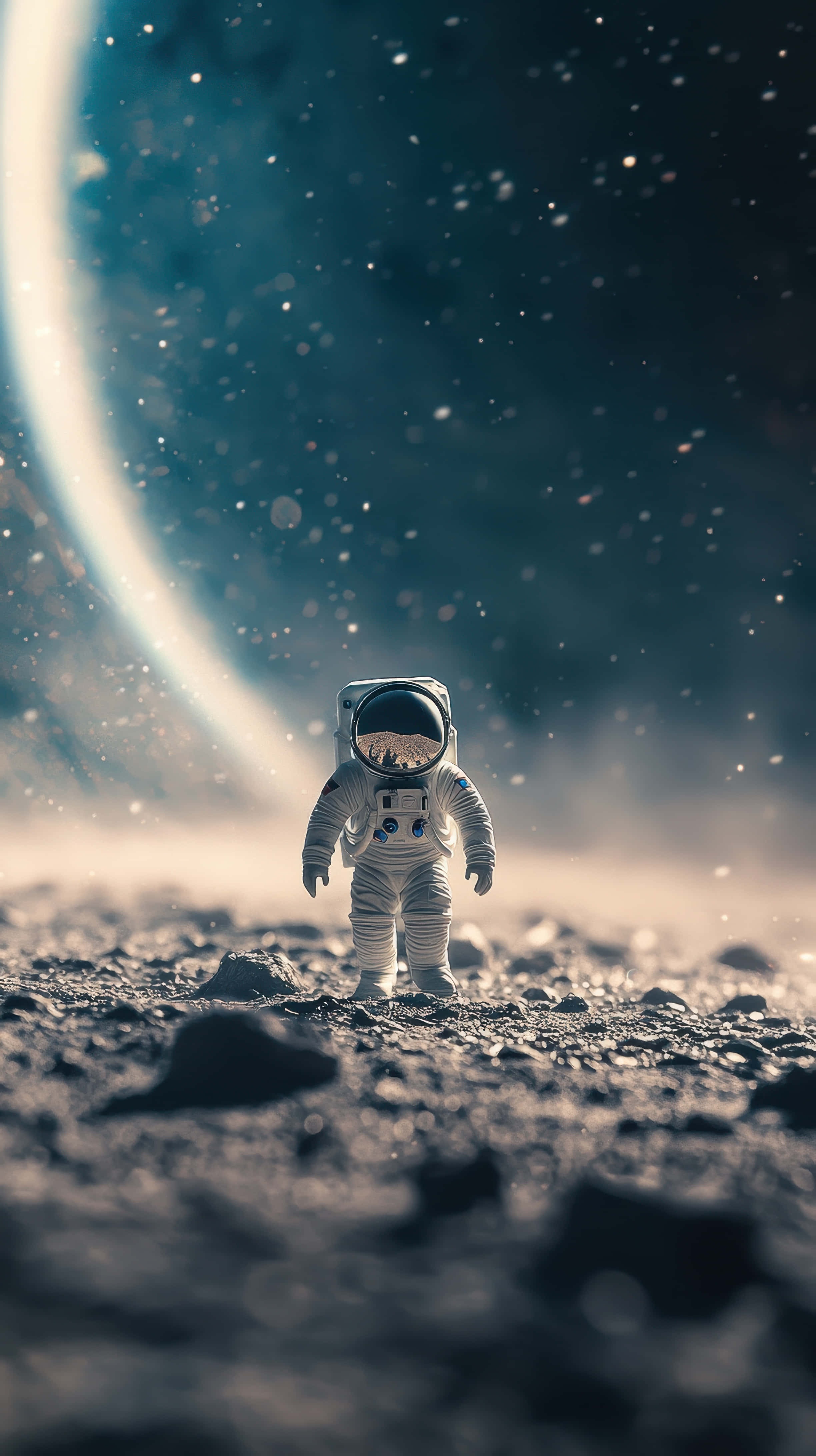 miniature astronaut, rocky alien terrain, cosmic glow, 4K Phone Wallpaper