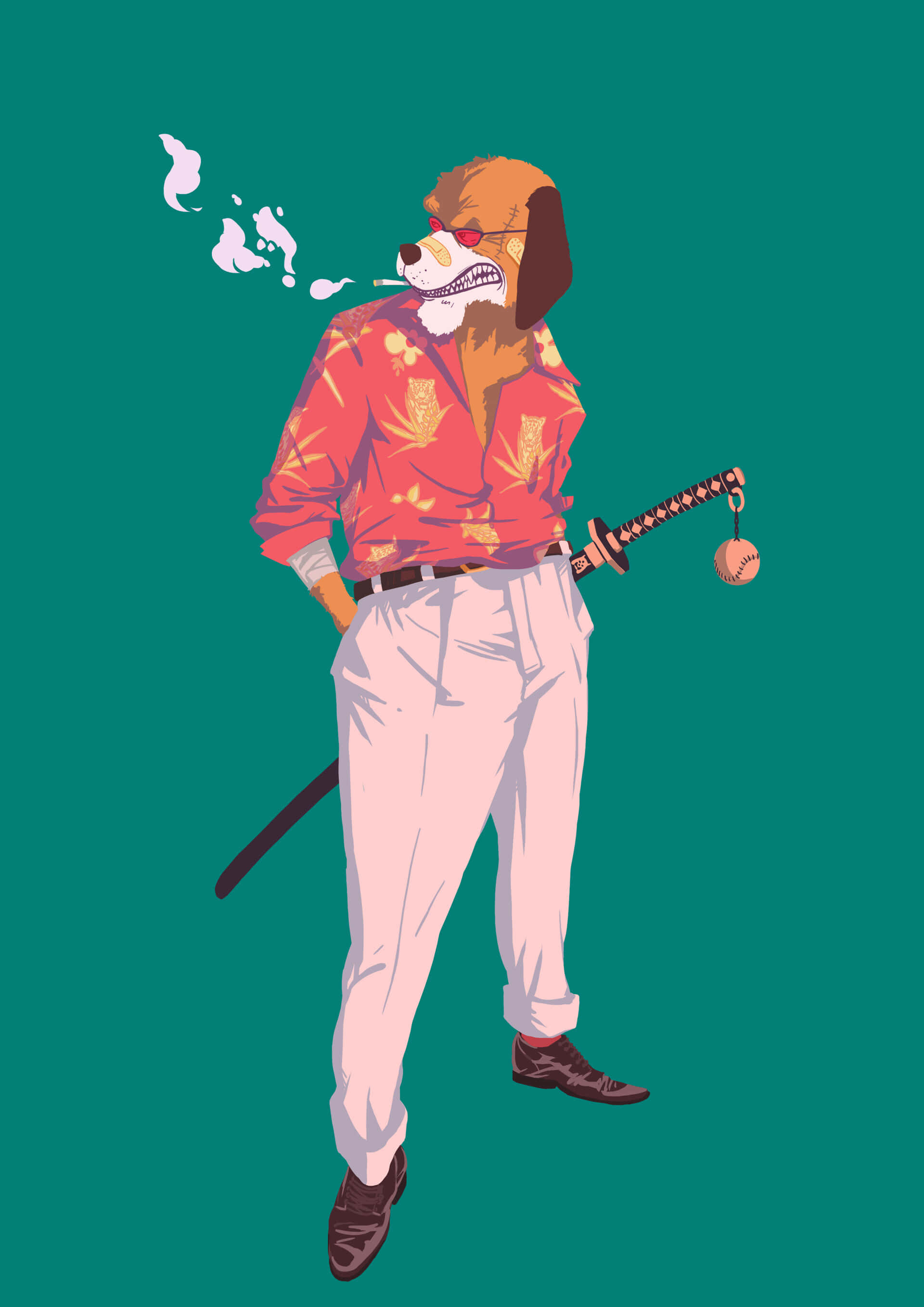 Inuarashi, anthropomorphic beagle, red floral shirt, 2K Phone Wallpaper