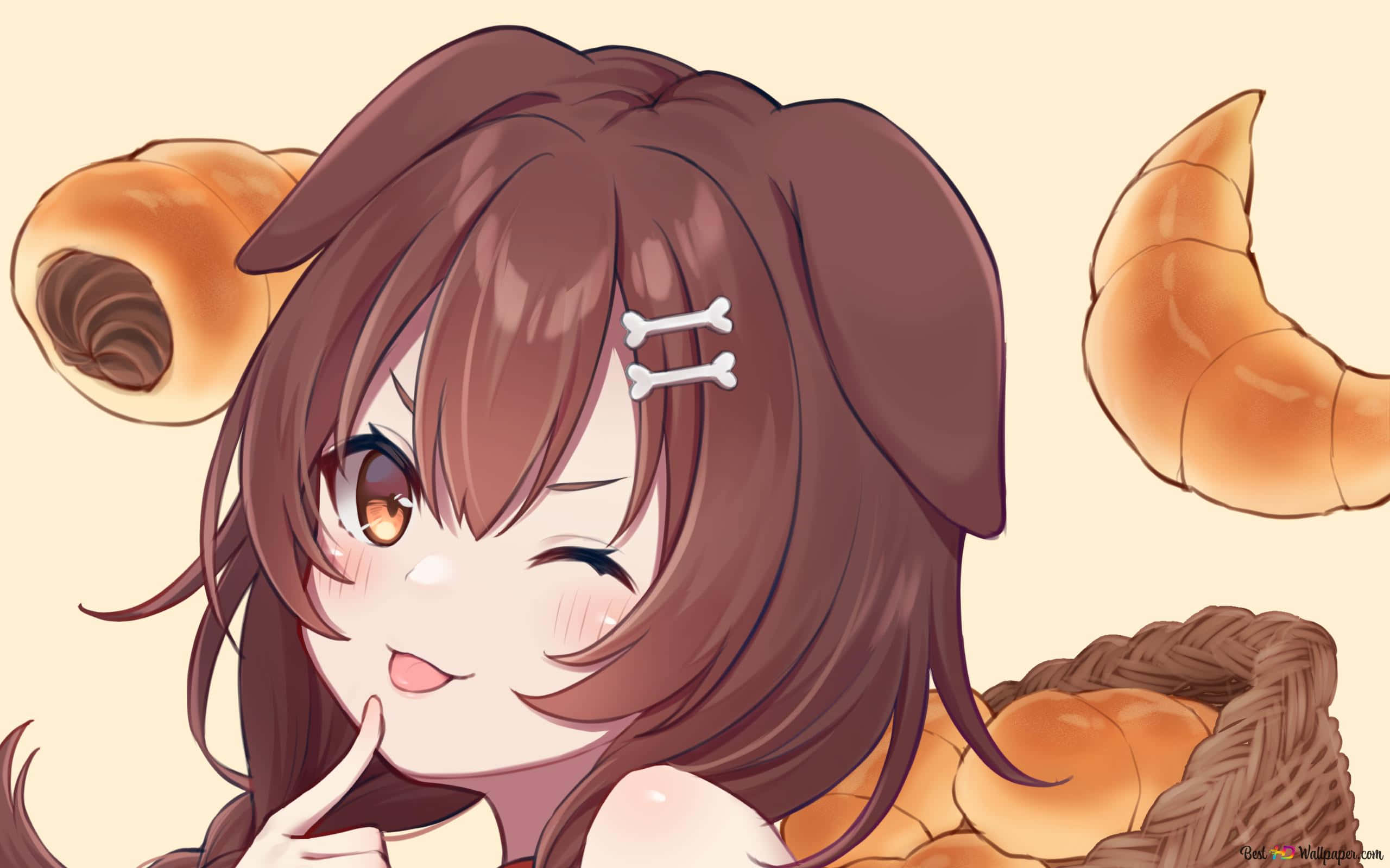 Inugami Korone, brown hair, bone hairpins, 2K Desktop Wallpaper