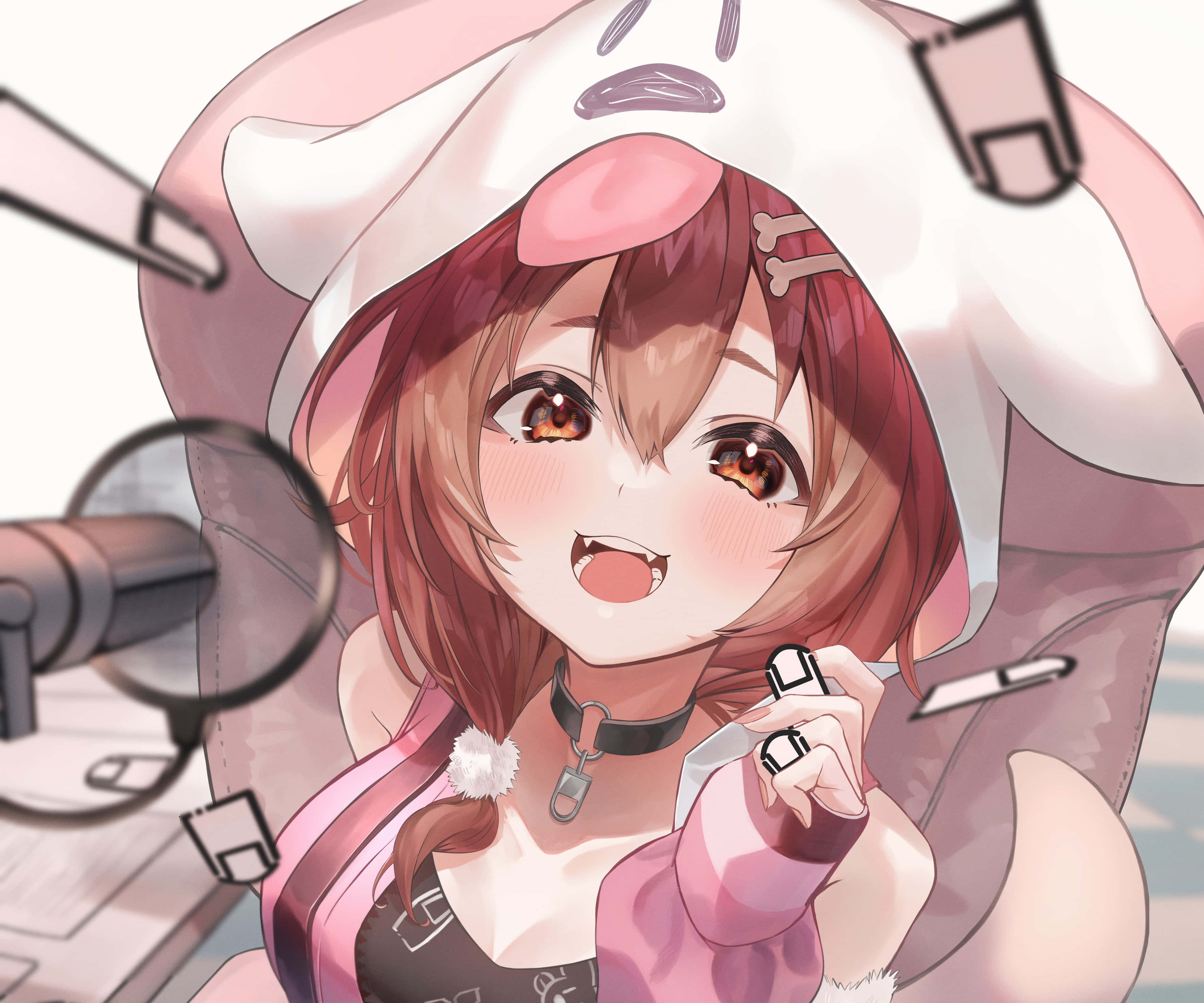 Inugami Korone, pink hoodie, red hair, 2K Desktop Wallpaper