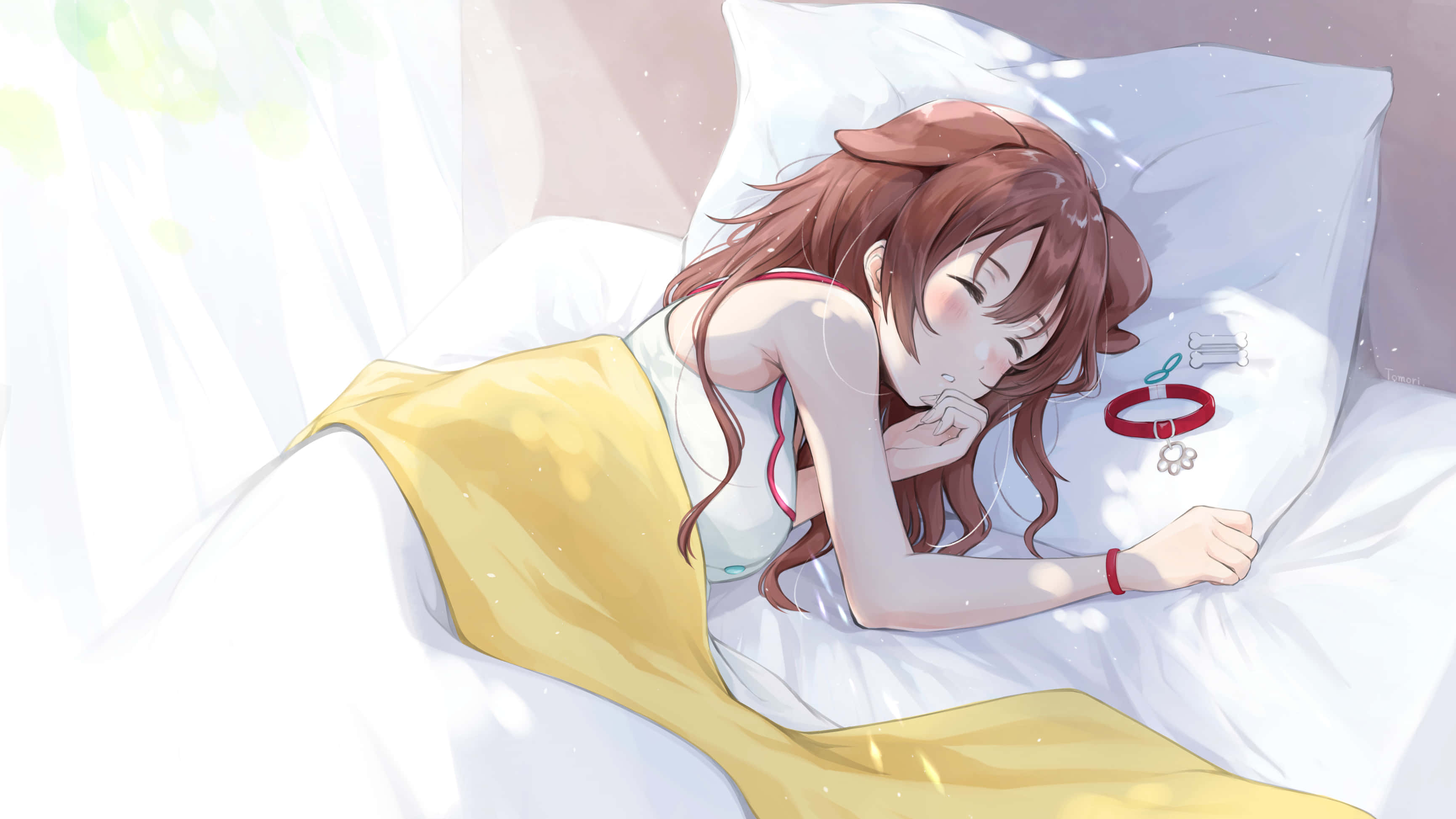 Inugami Korone, brown-haired anime girl, white sheets, 2K Desktop Wallpaper