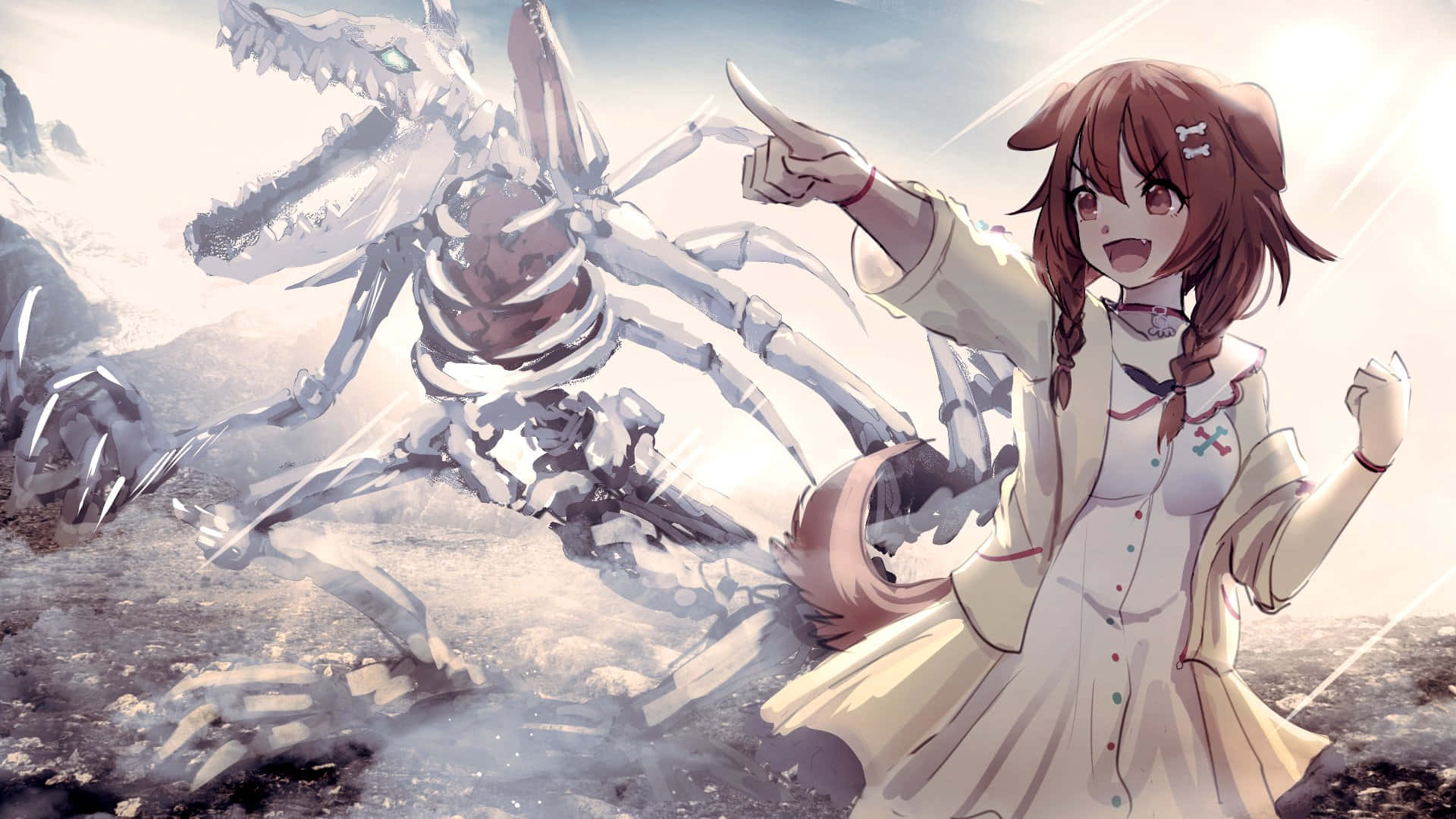 Inugami Korone, mechanical dragon skeleton, snowy mountainous terrain, Full HD Desktop Wallpaper
