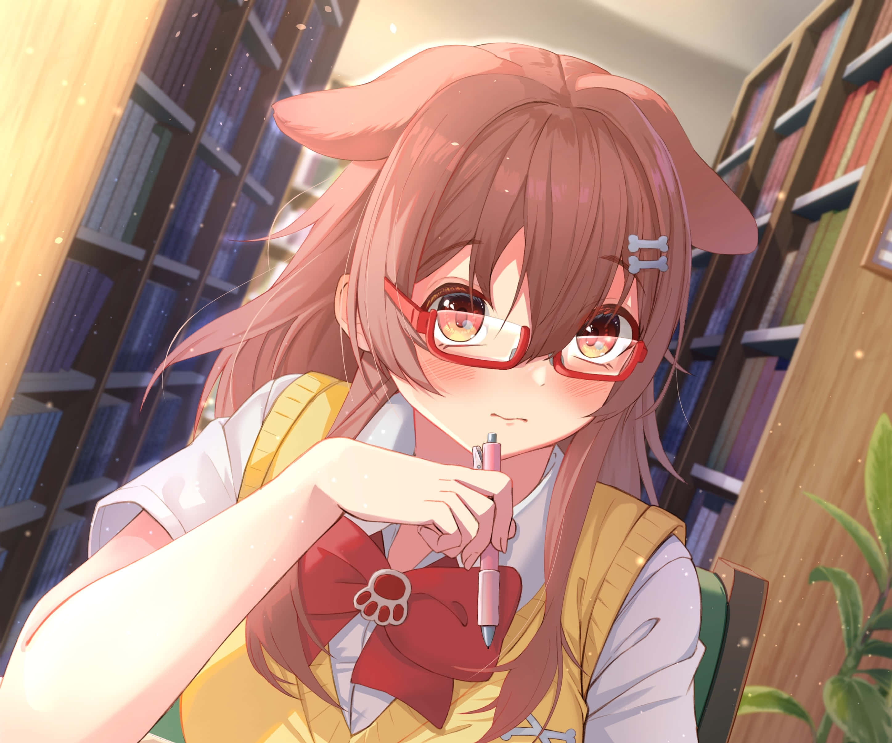 Inugami Korone, pink hair, red glasses, 2K Desktop Wallpaper