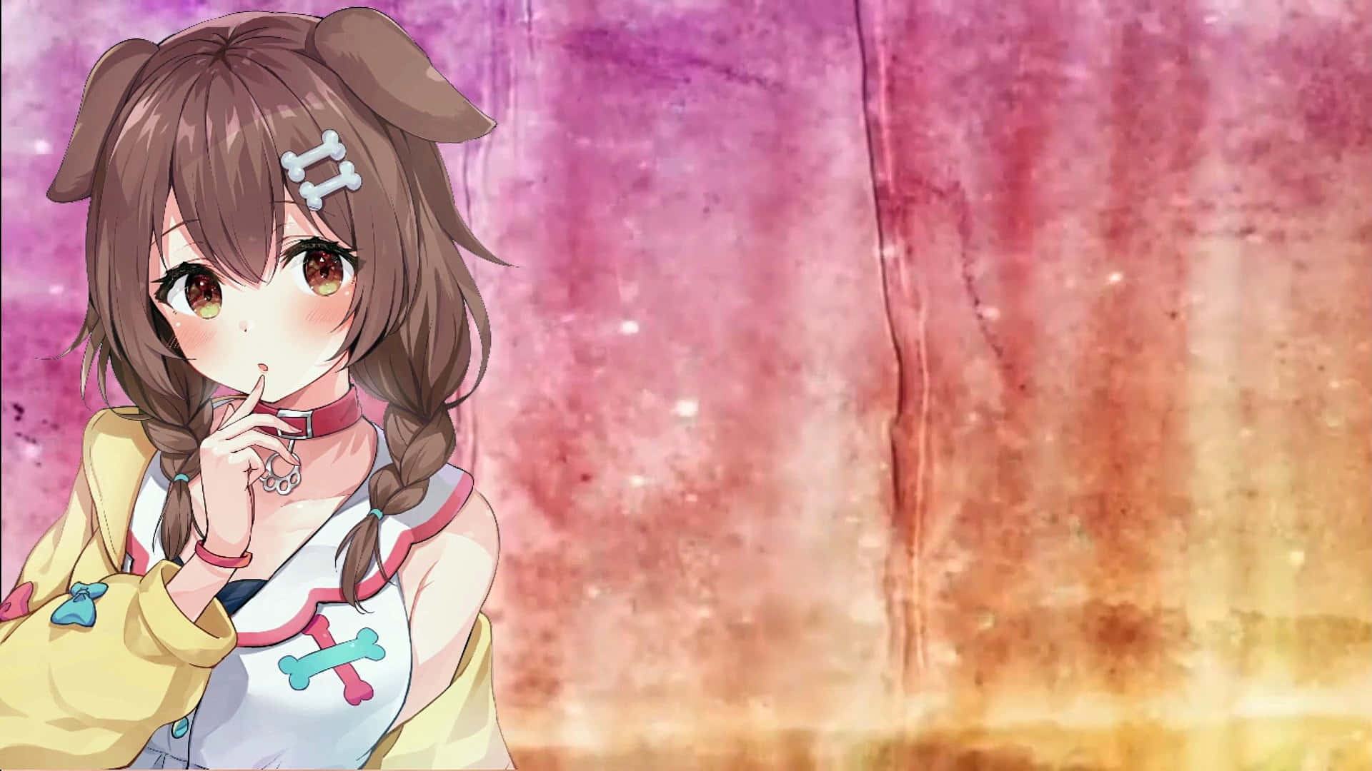 Inugami Korone, brown pigtails, bone accessories, Full HD Desktop Wallpaper