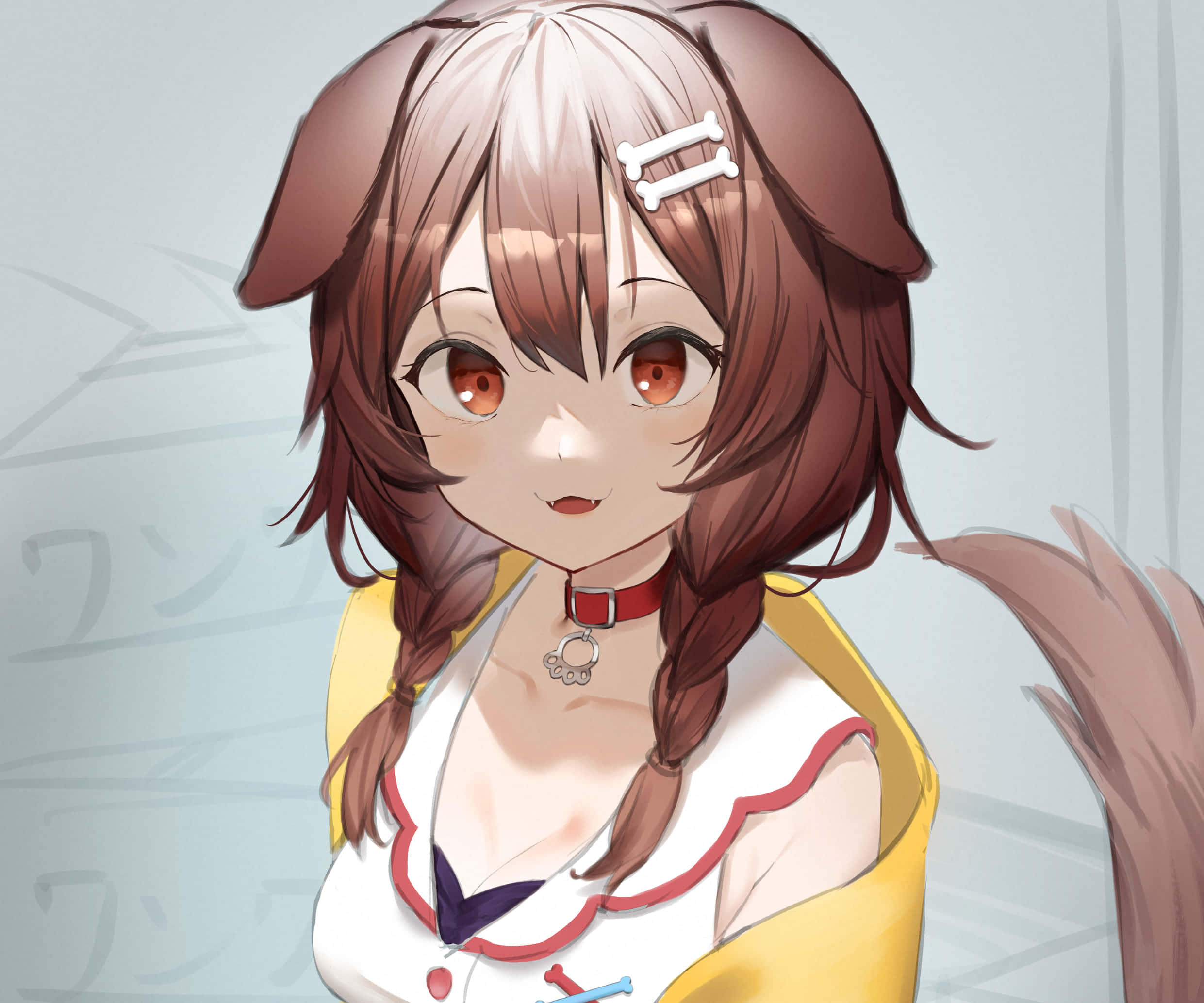 Inugami Korone, brown dog ears, tail, Full HD Desktop Wallpaper
