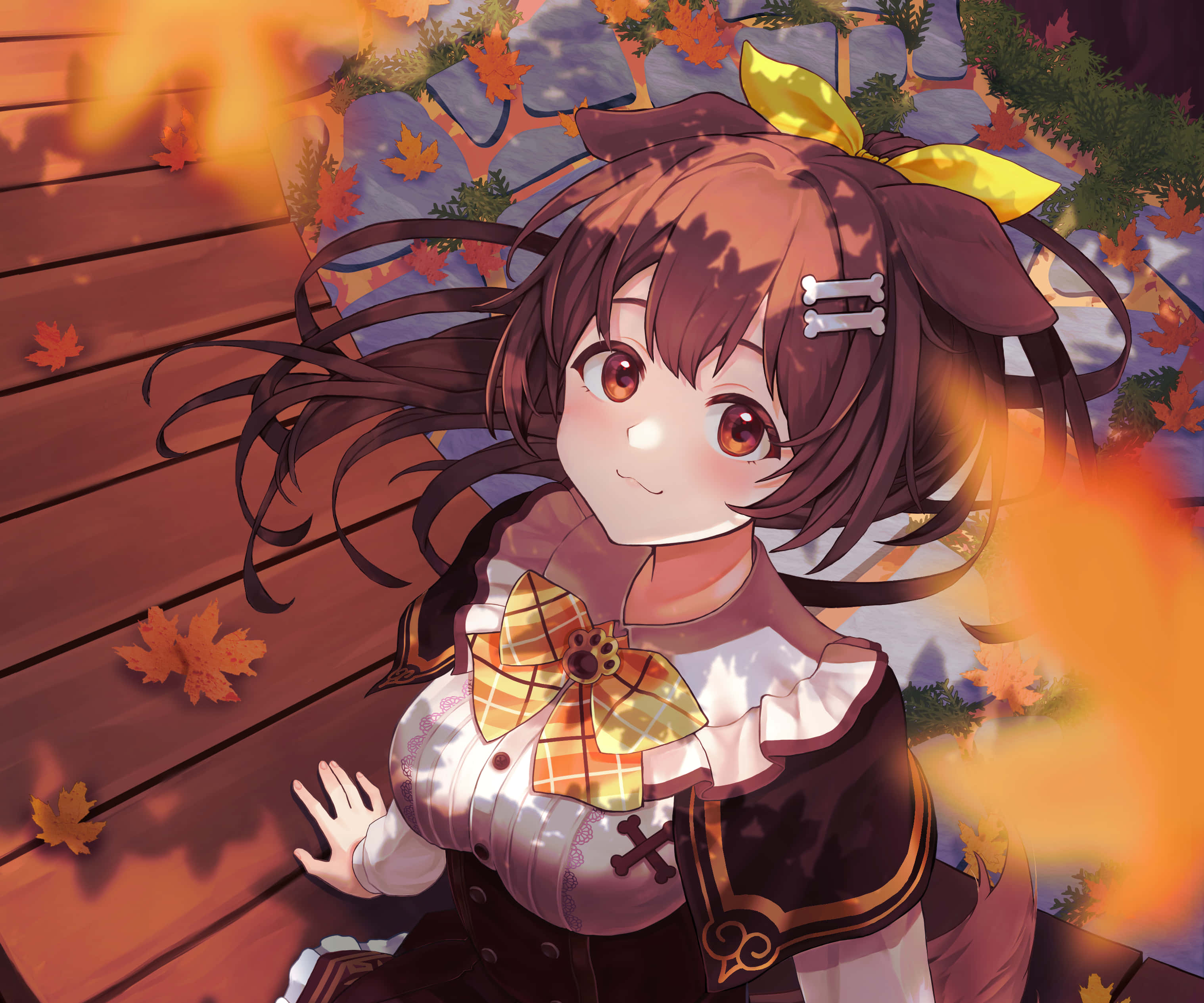 Inugami Korone, wooden deck, autumn leaves, 2K Desktop Wallpaper
