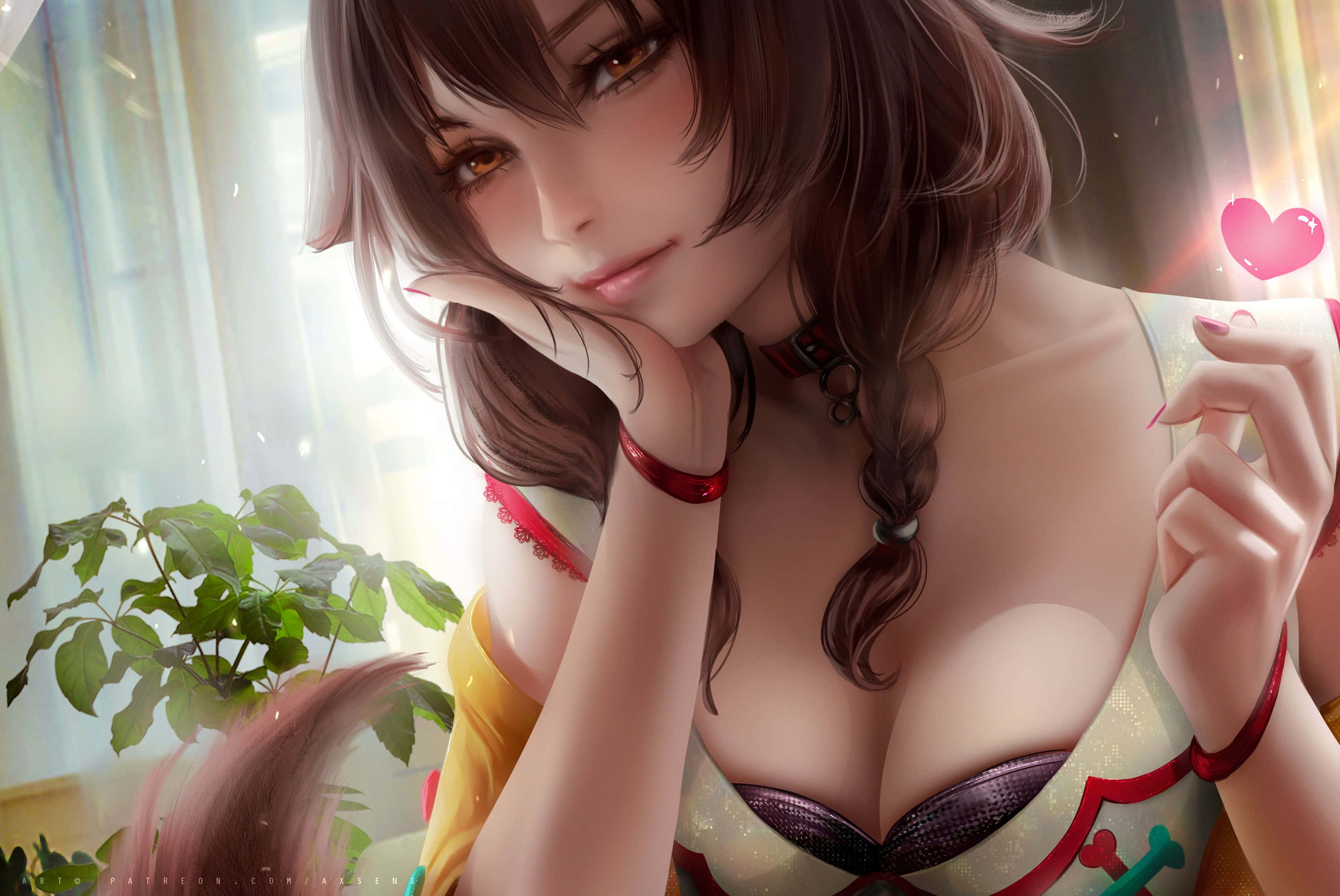 Inugami Korone, brown hair, amber eyes, 2K Desktop Wallpaper