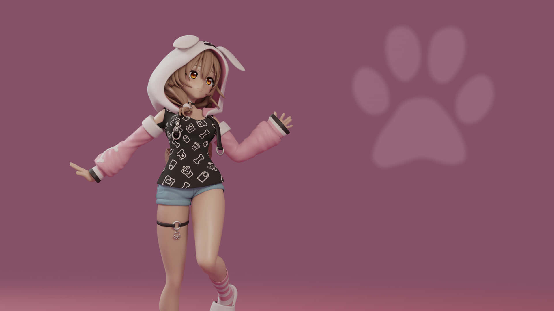 Inugami Korone, bunny hoodie, pink background, Full HD Desktop Wallpaper