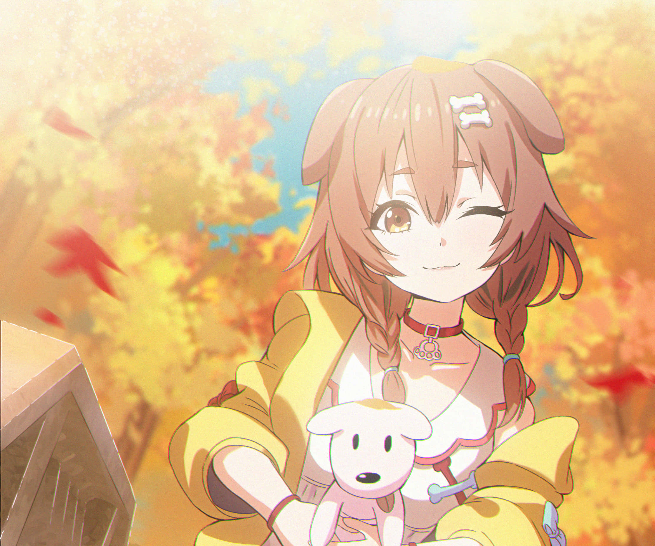 Inugami Korone, brown braided hair, small white plush dog, Full HD Desktop Wallpaper