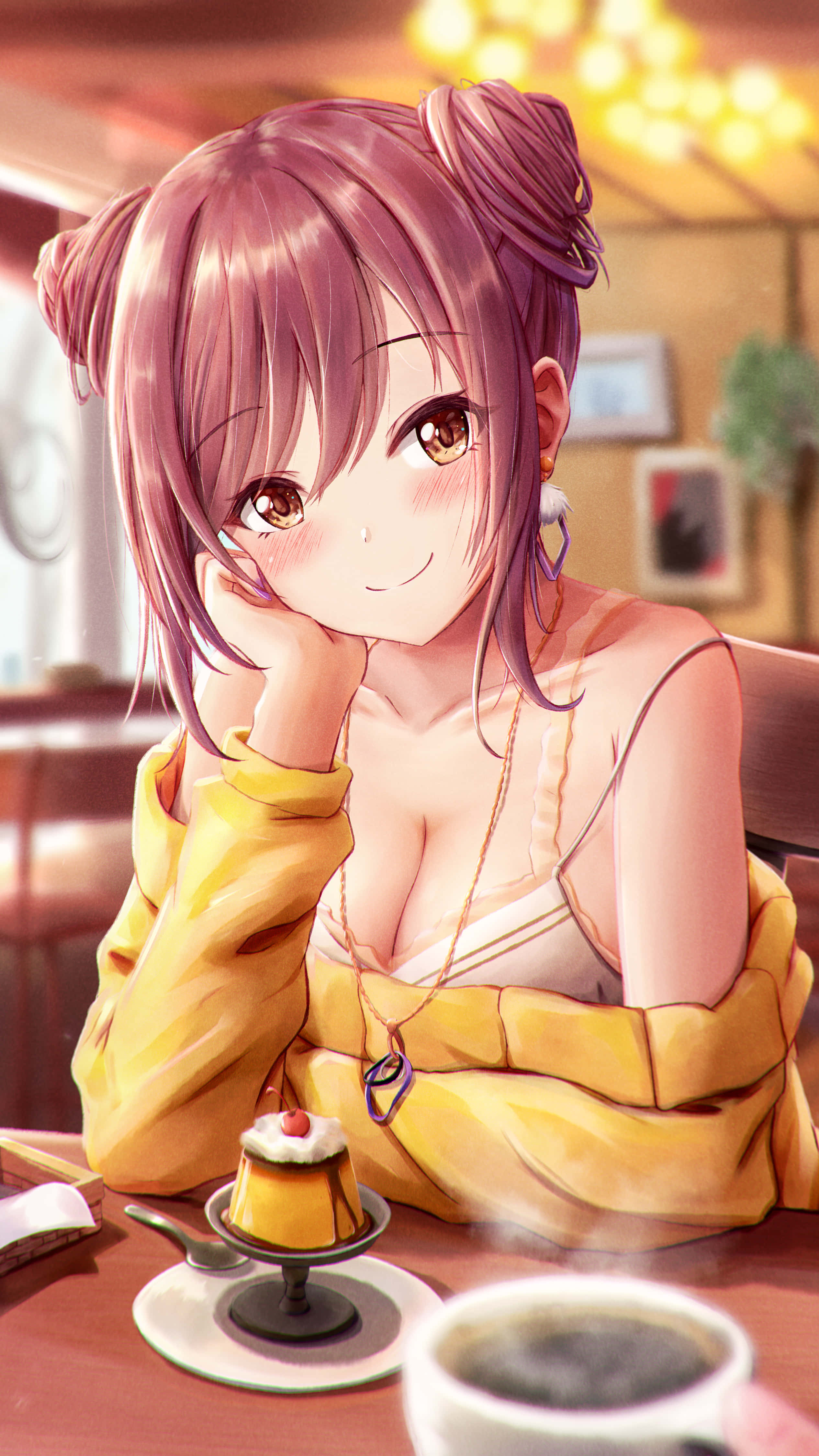 Inugami Korone, pink hair, cafe table, 4K Phone Wallpaper