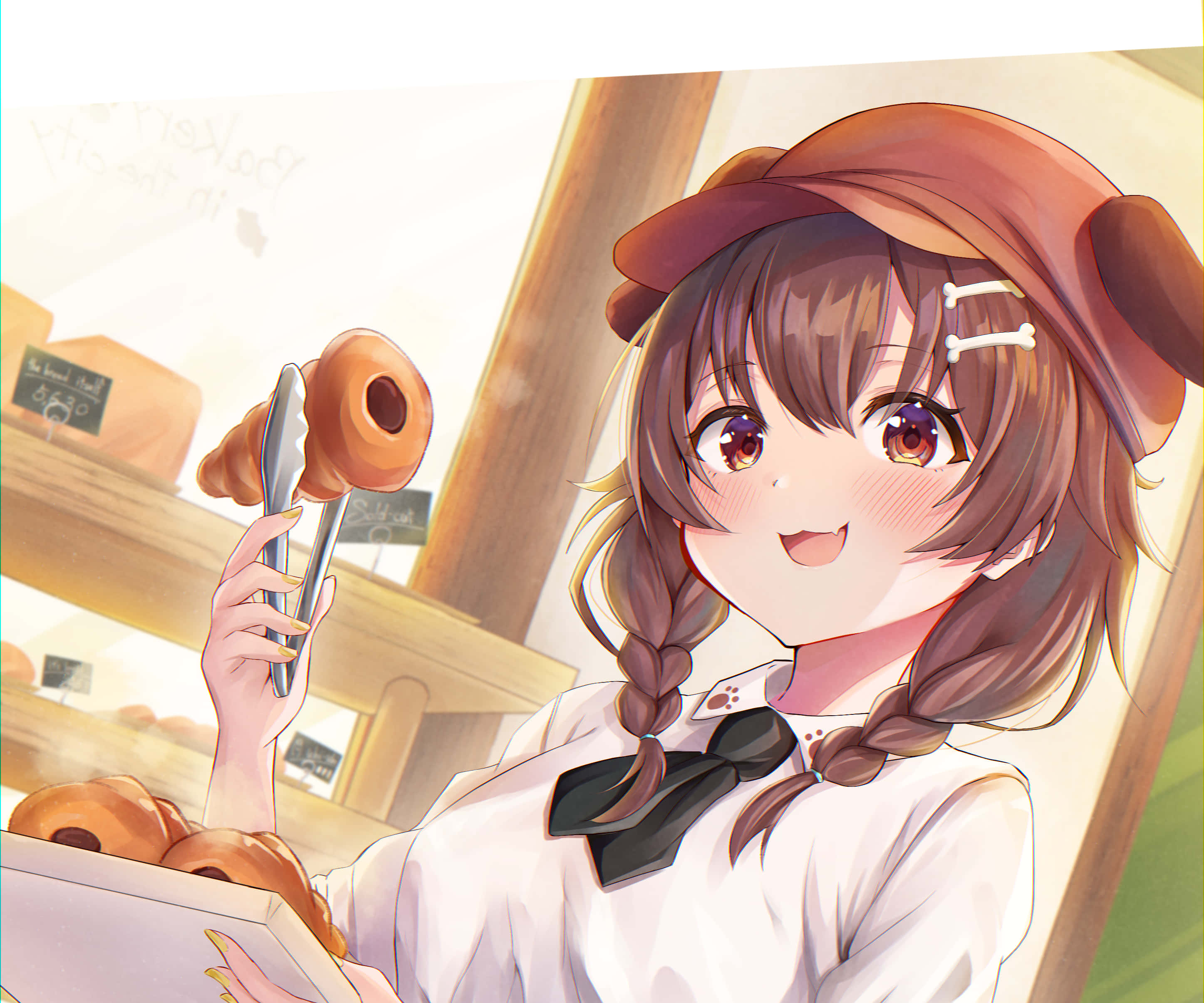 Inugami Korone, bakery hat, donut, 2K Desktop Wallpaper