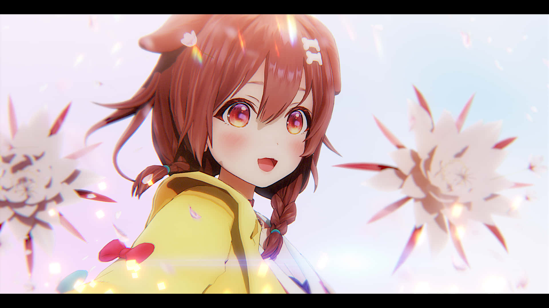 Inugami Korone, brown braided hair, red eyes, Full HD Desktop Wallpaper