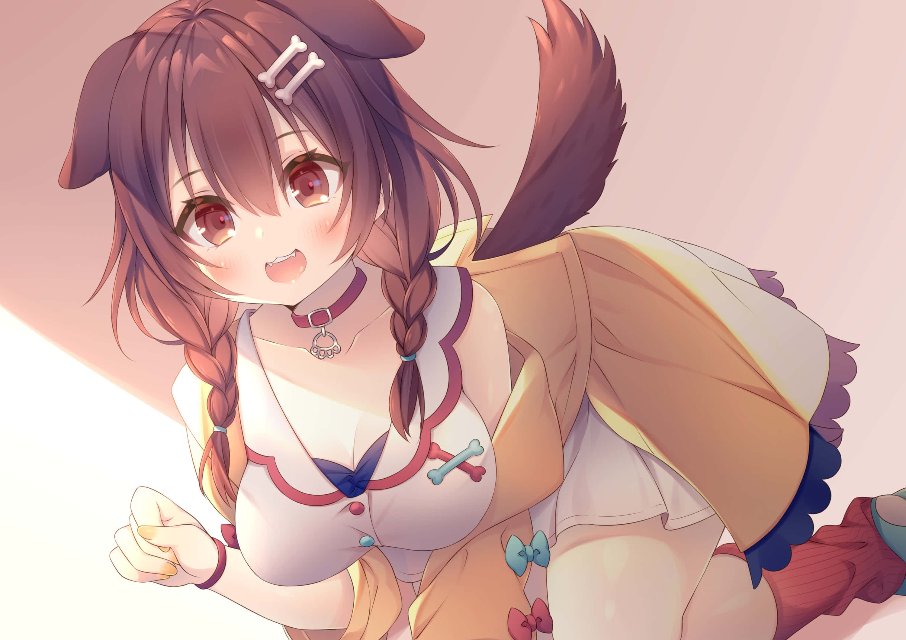 Inugami Korone, brown hair, fox ears, 2K Desktop Wallpaper
