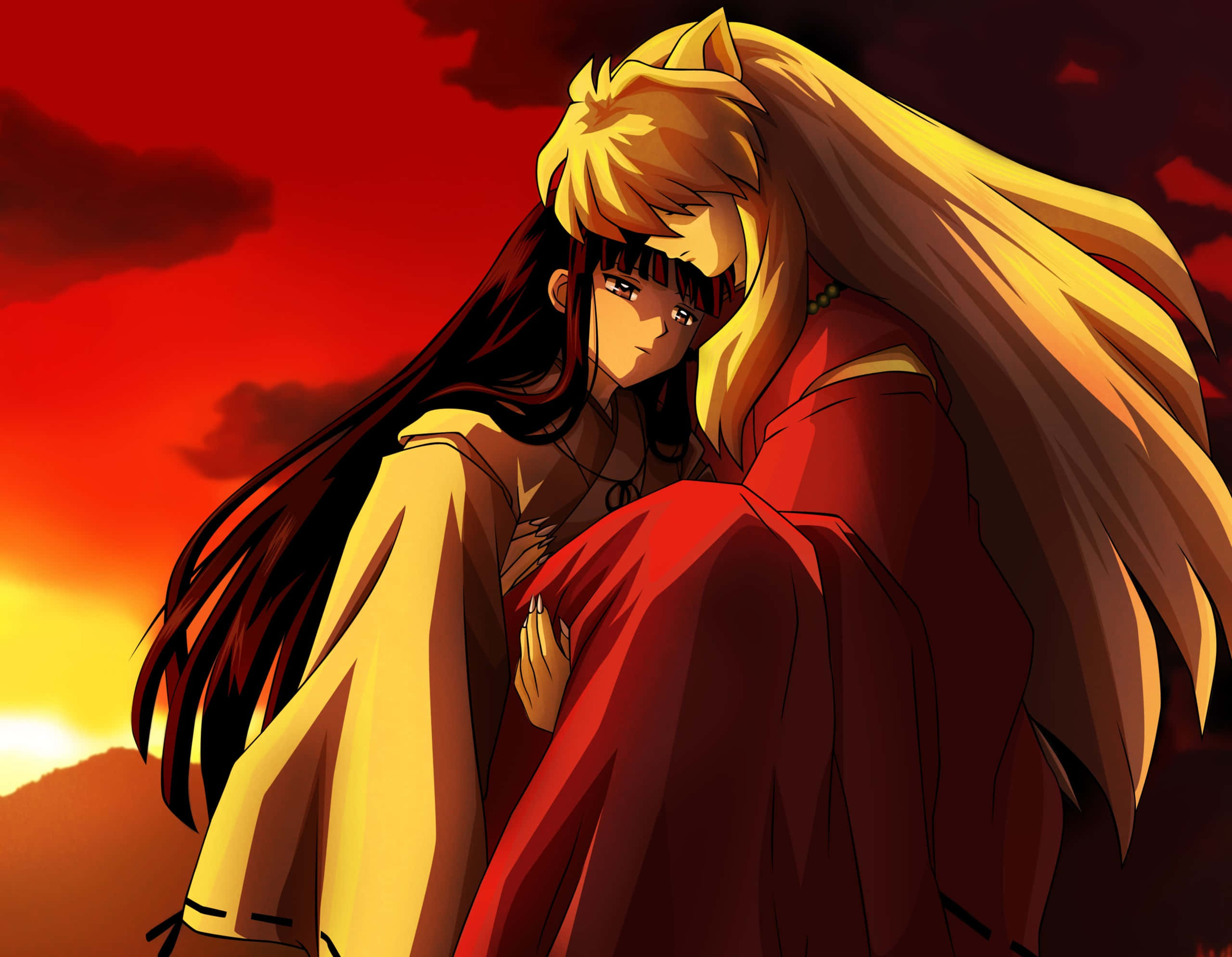 Inuyasha, Kikyo, fiery red sunset sky, 2K Desktop Wallpaper