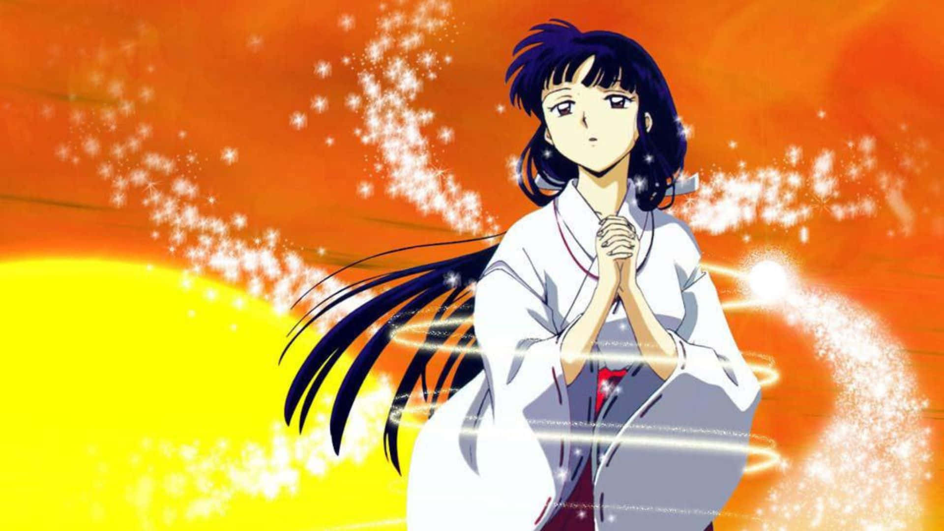 Kikyo, white kimono, fiery orange sunset, Full HD Desktop Wallpaper
