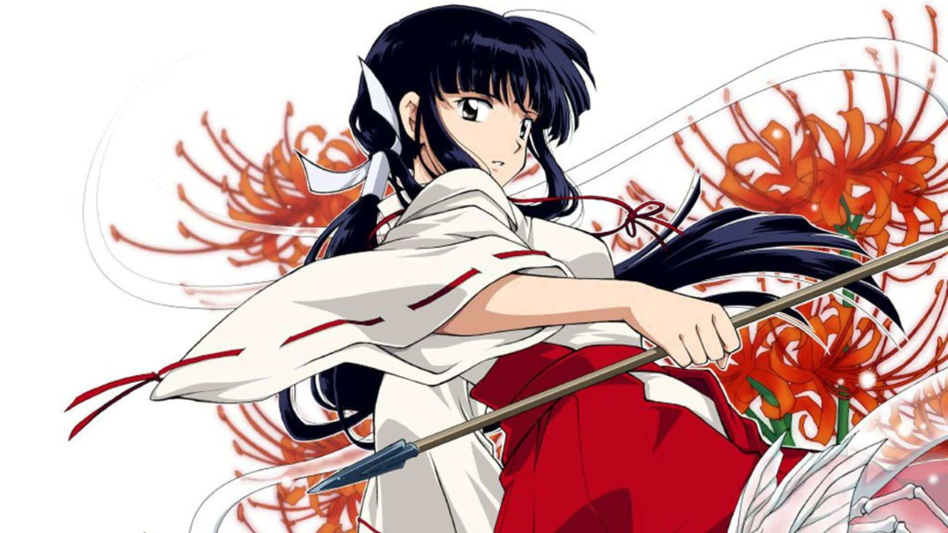 Kikyo, black hair, red kimono, Full HD Desktop Wallpaper