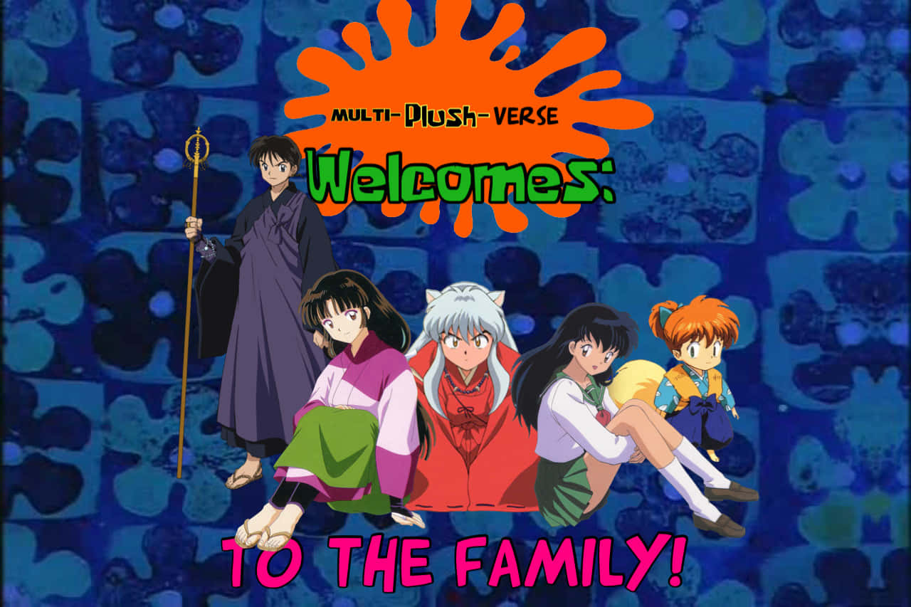 Inuyasha Characters, blue patterned background, orange splash logo, HD Desktop Wallpaper