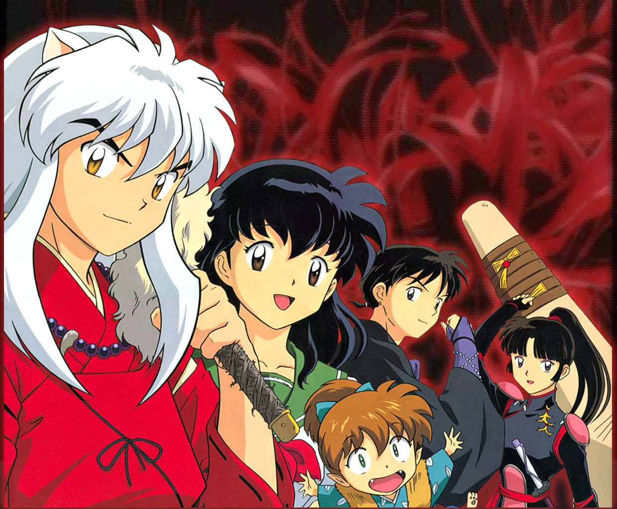 Inuyasha, the gang, swirling red background, SD Desktop Wallpaper